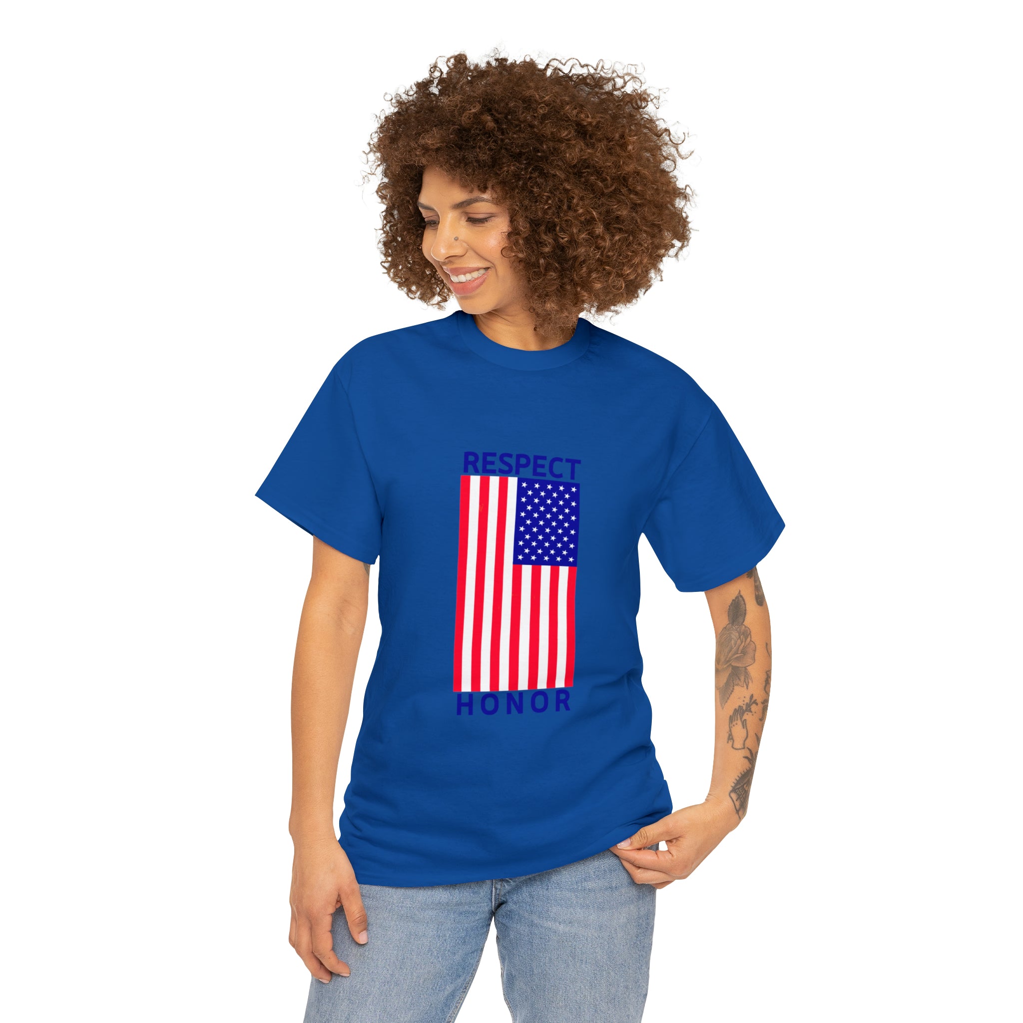 Adult female wearing royal T-Shirt with "Respect Honor" Inspired Classic American Flag on front.