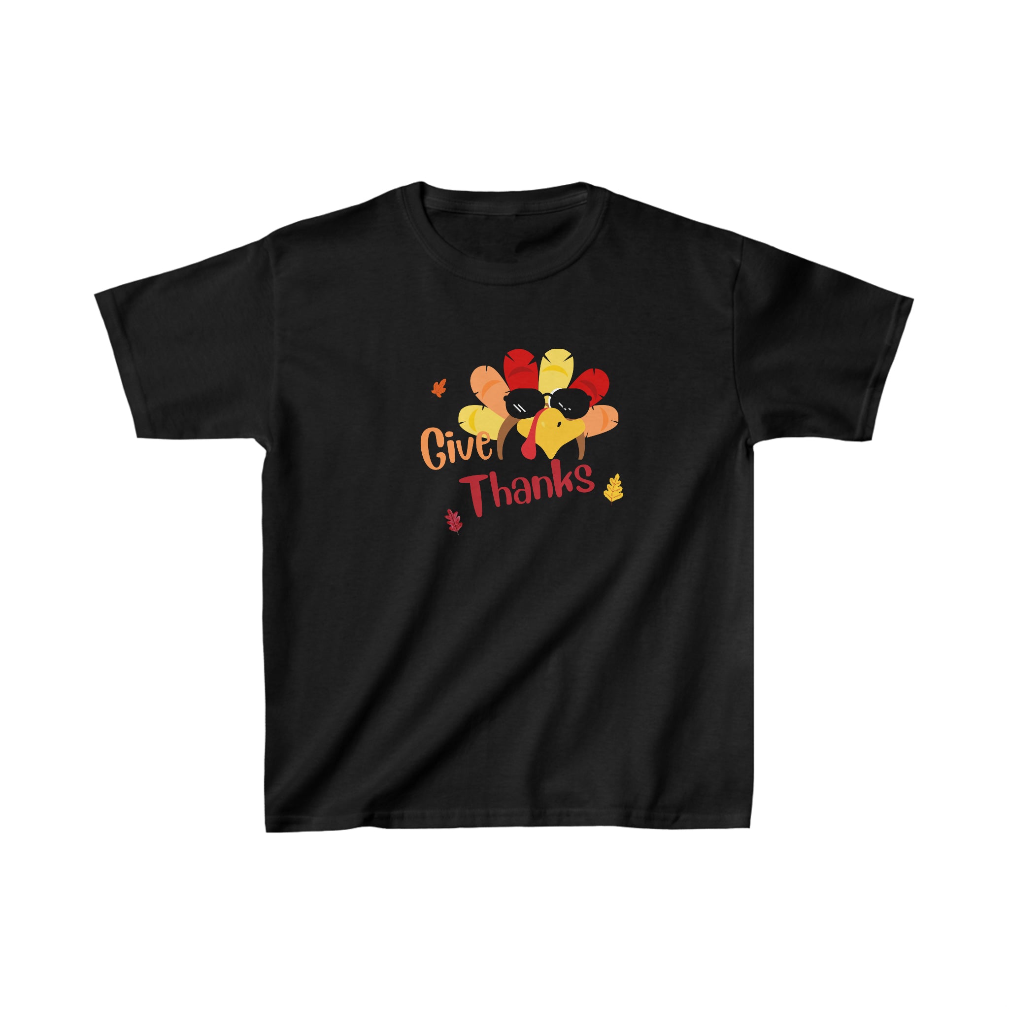 Youth unisex black T-Shirt " Give Thanks" with Turkey head on front.