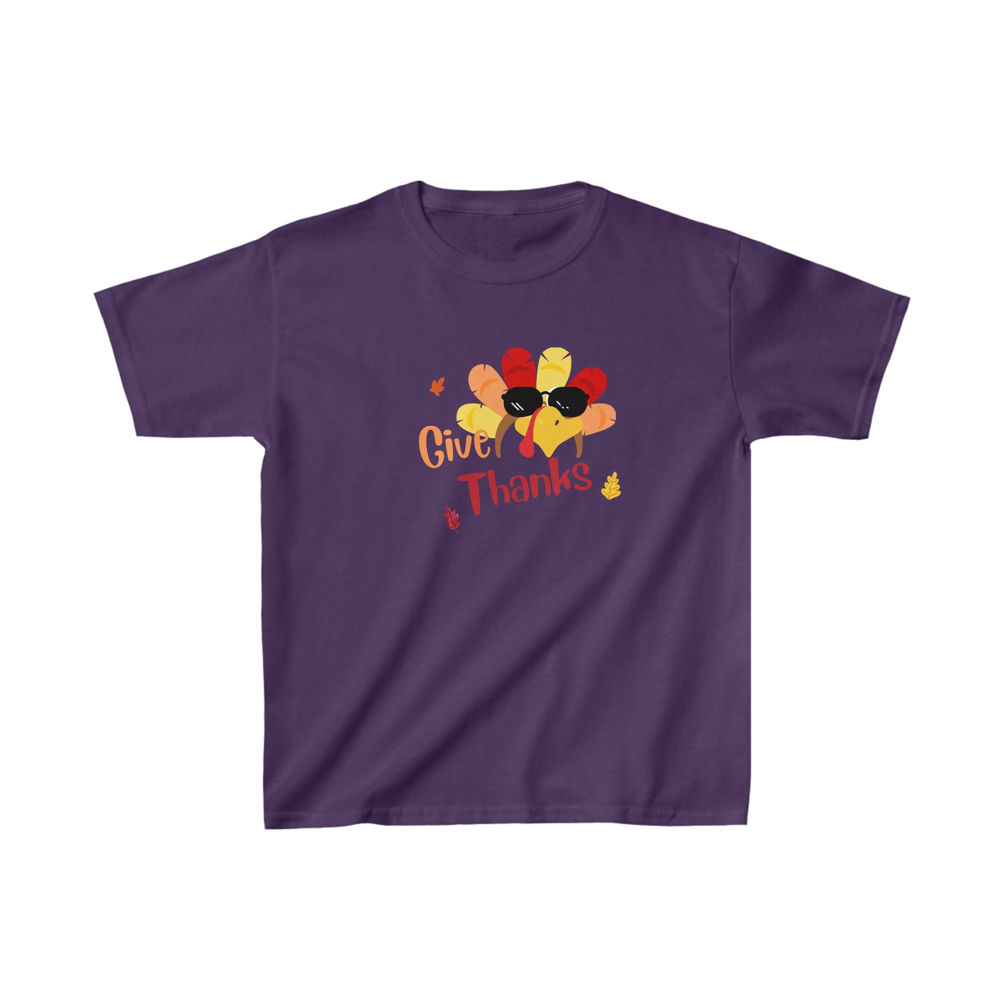 Youth unisex purple T-Shirt " Give Thanks" with Turkey head on front.