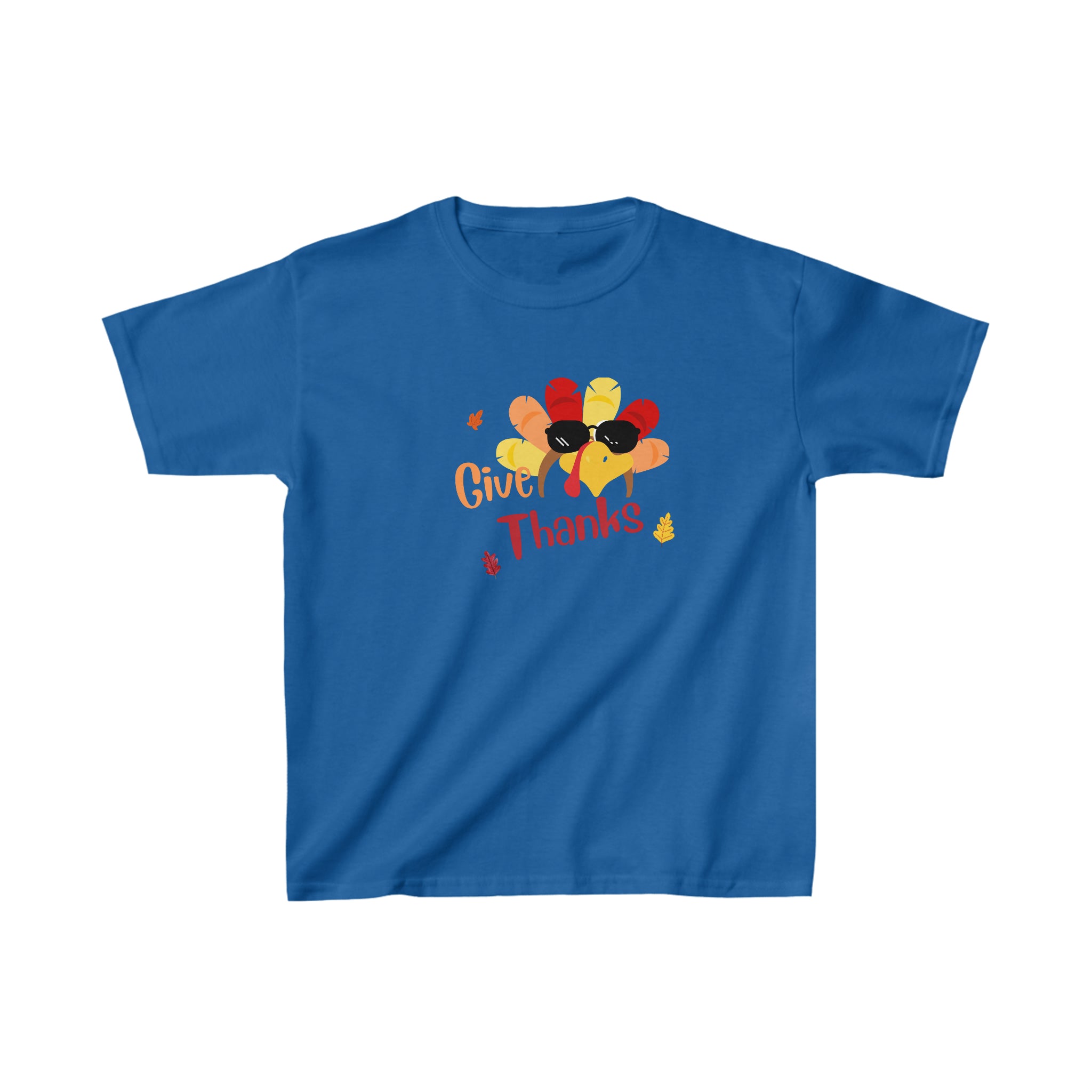 Youth unisex royal  T-Shirt " Give Thanks" with Turkey head on front.