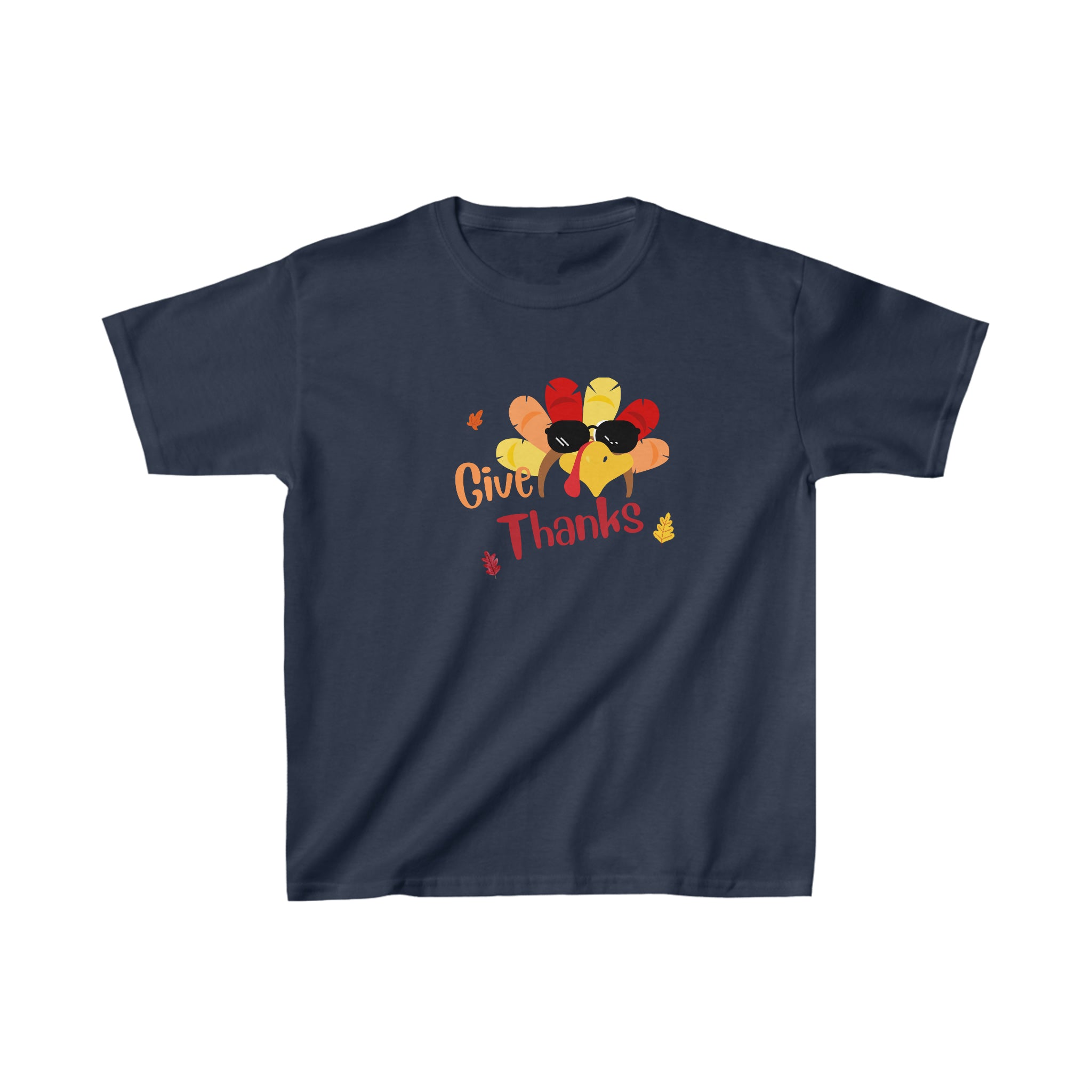 Youth unisex navy T-Shirt " Give Thanks" with Turkey head on front.