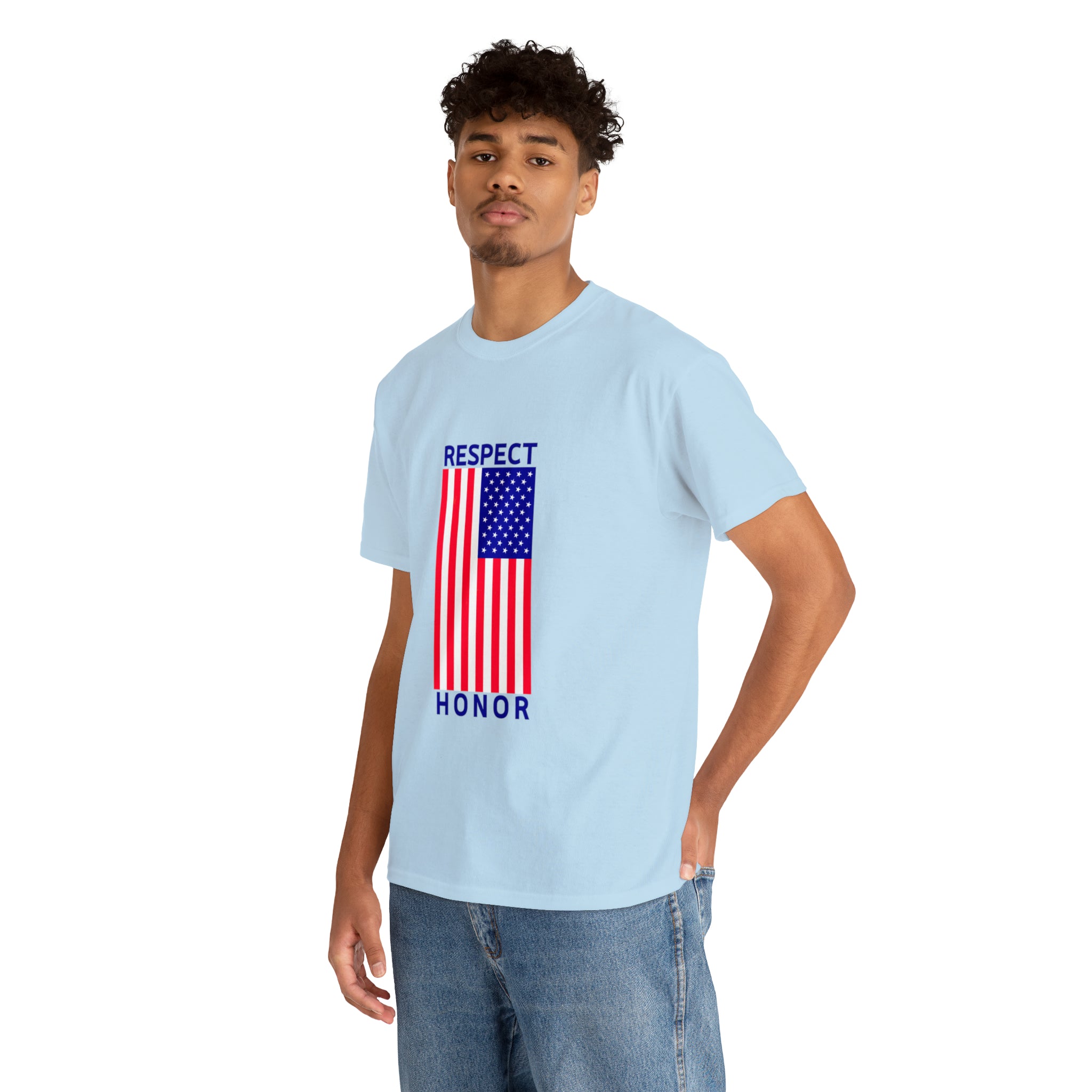 Adult man wearing light blue T-Shirt with "Respect Honor" Inspired Classic American Flag on front.