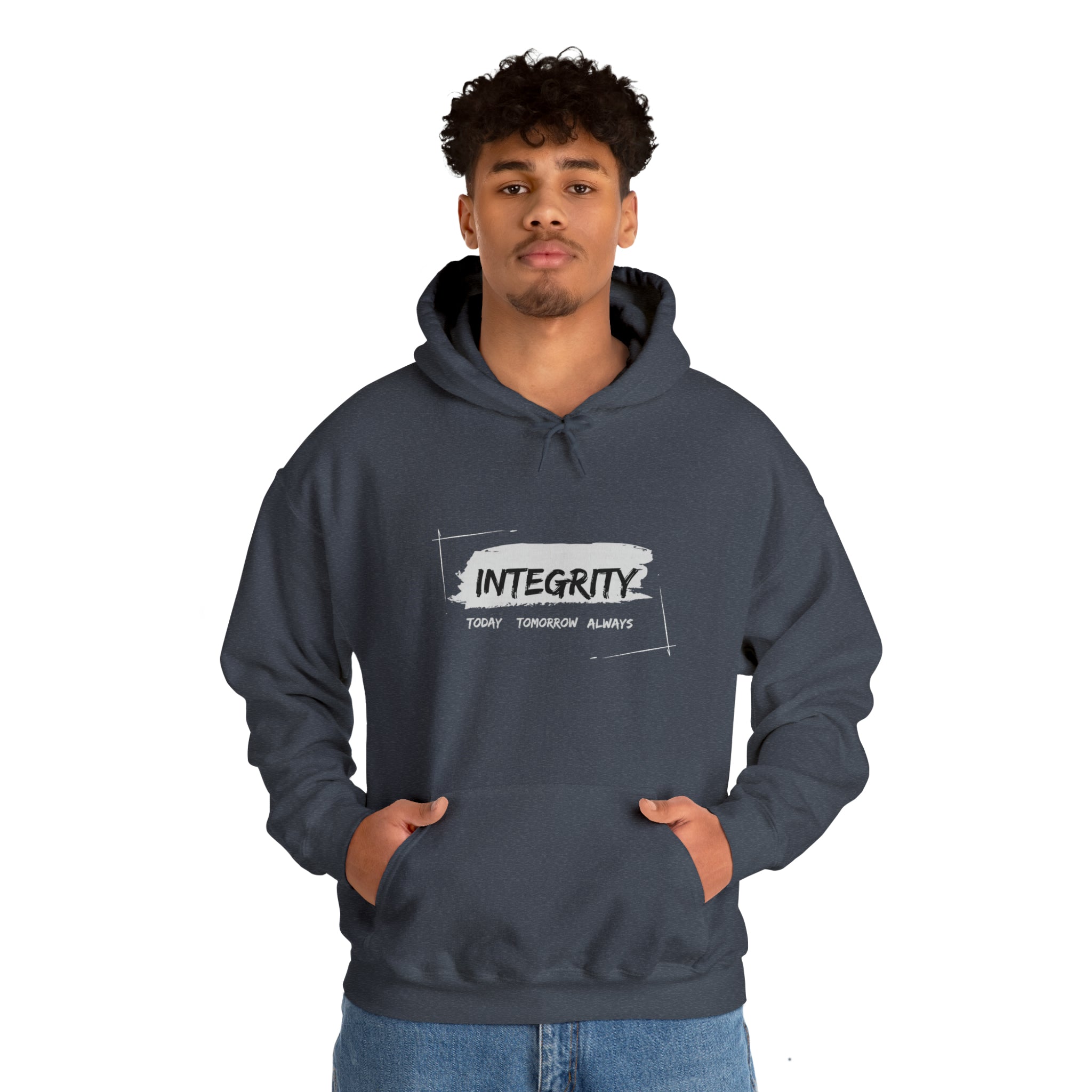 Adult male wearing Unisex heather hoodie " Integrity Today Tomorrow Always" inspired image.