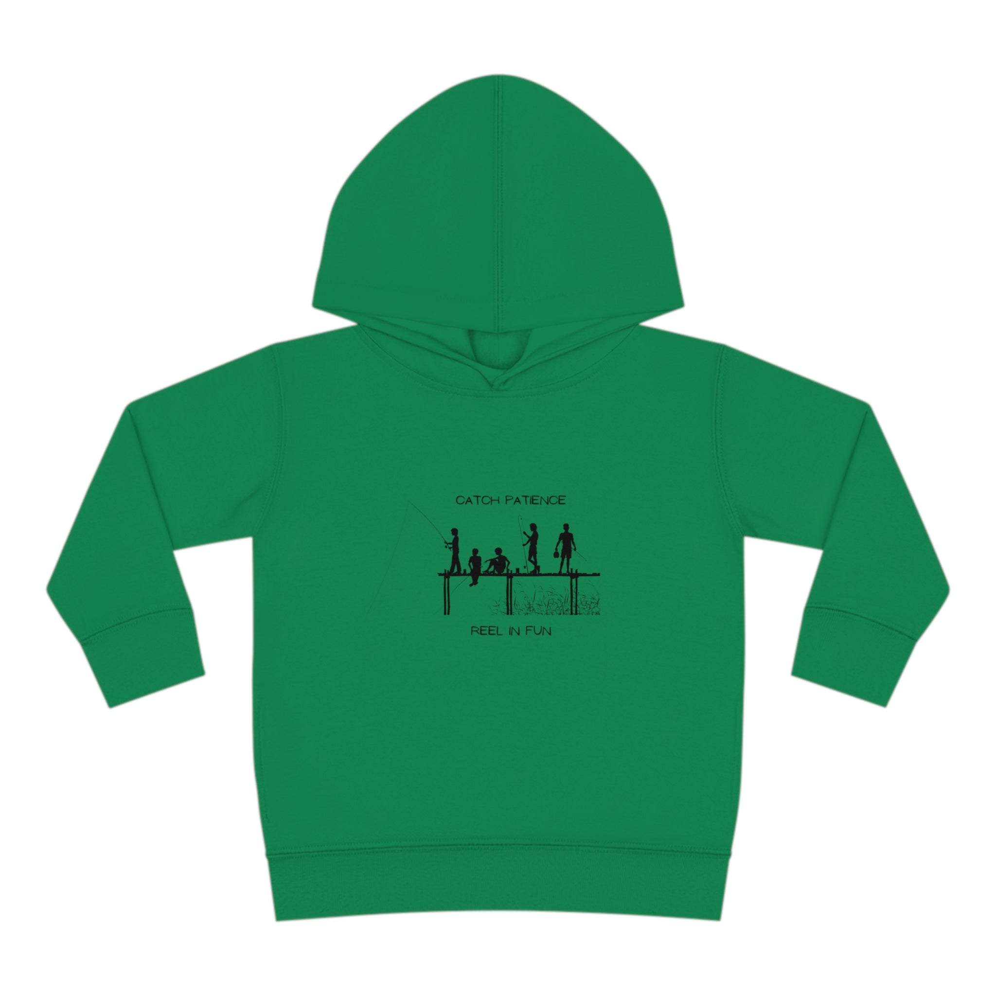 Toddler unisex wearing kelly green hoodie with "Catch Patience Reel in Fun" inspired graphic of people fishing.