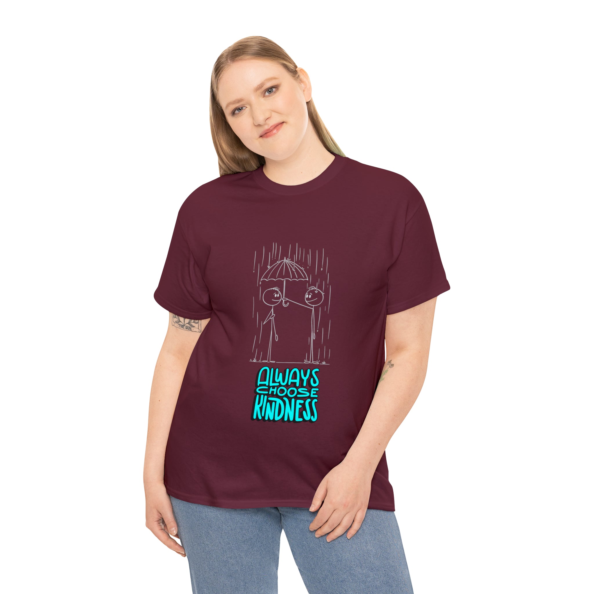 Adult female wearing maroon T-shirt with "Always choose kindness" Motivational image on front.