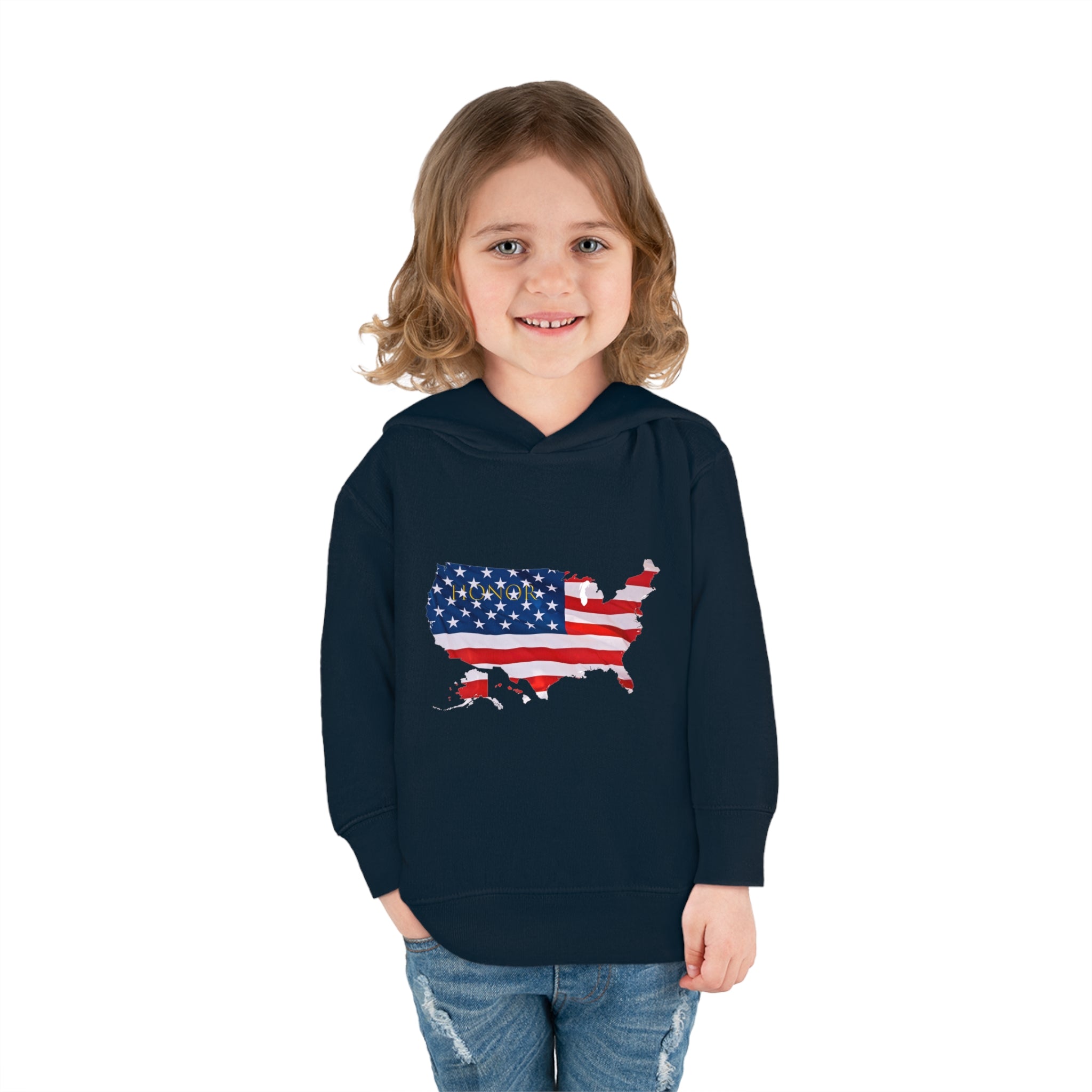 Toddler Girl wearing navy Hoodie with "Honor USA" inspired American as a Flag graphic on front.