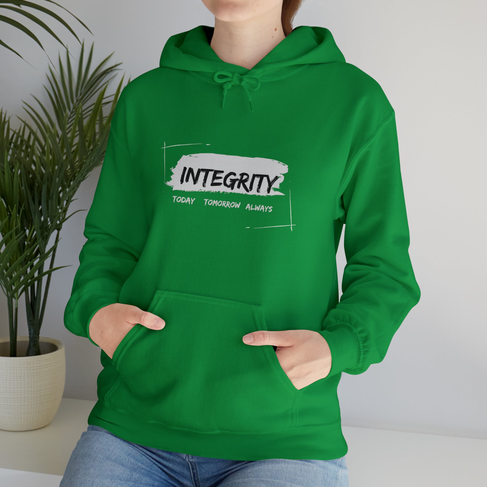 Adult Unisex irish green hoodie " Integrity Today Tomorrow Always" inspired image.
