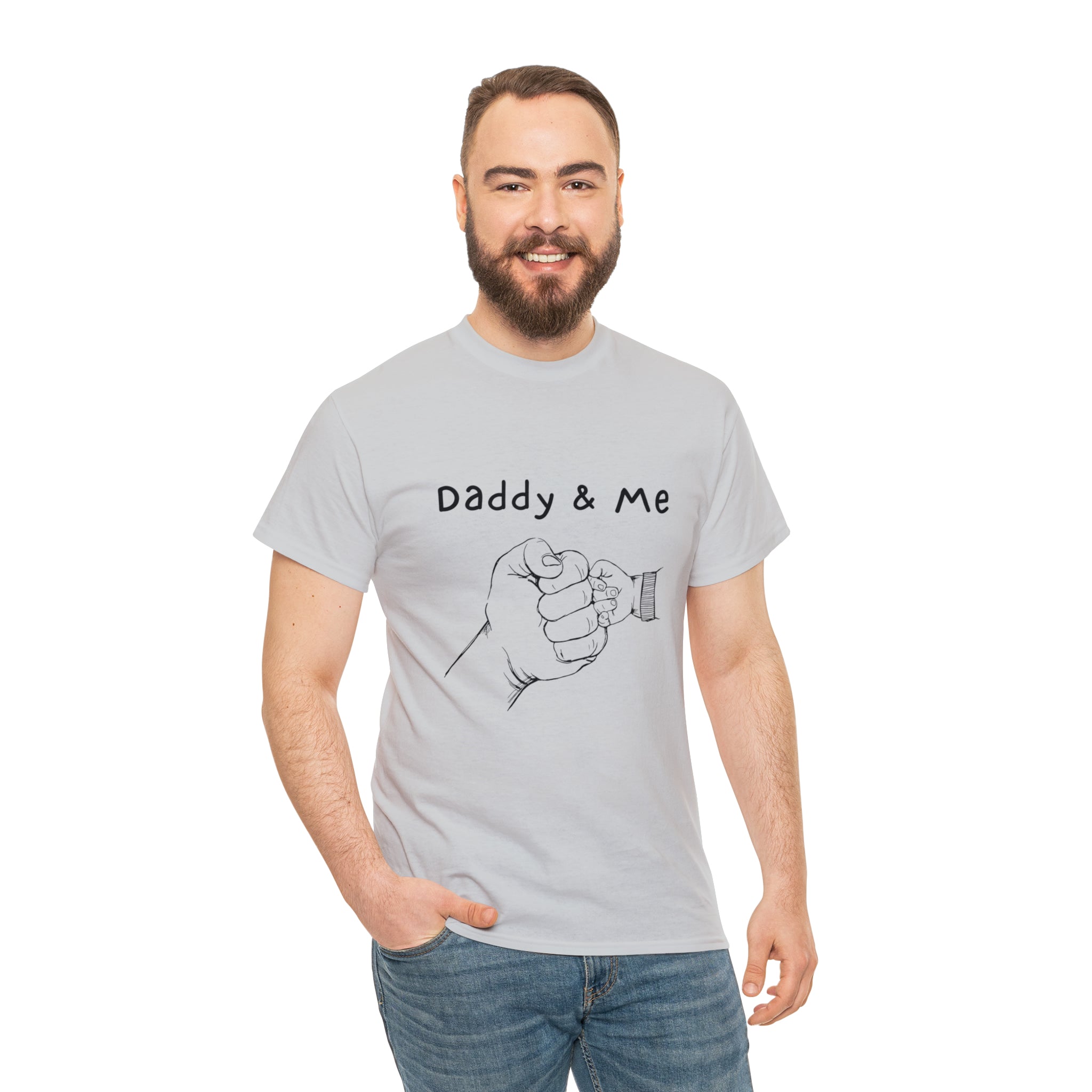 Adult man wearing charcoal T-Shirt " Daddy & Me" with fist bumps hands on front.