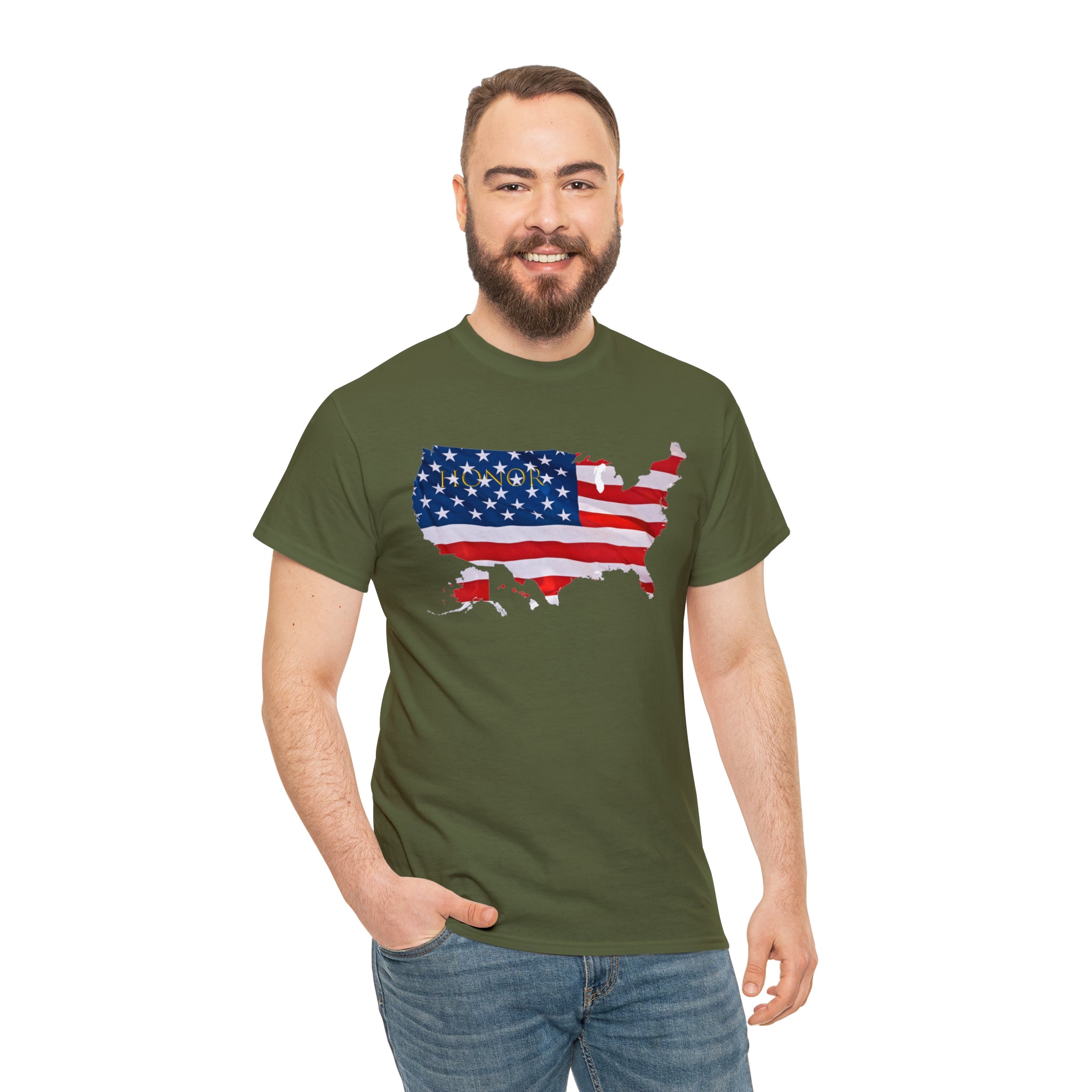 Adult Male wearing military green T-Shirt with "Honor USA" inspired American as a Flag graphic on front.