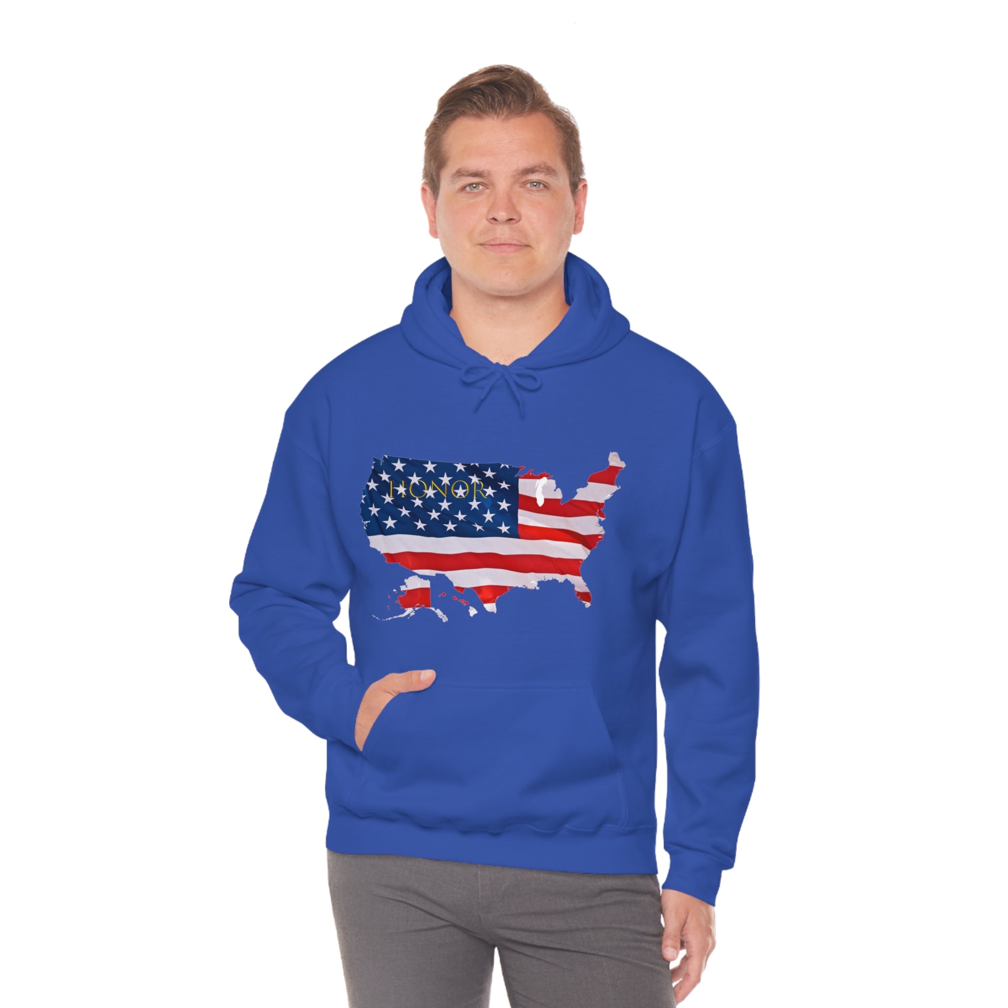 Adult Male wearing royal hoodie with "Honor USA" inspired American as a Flag graphic on front.