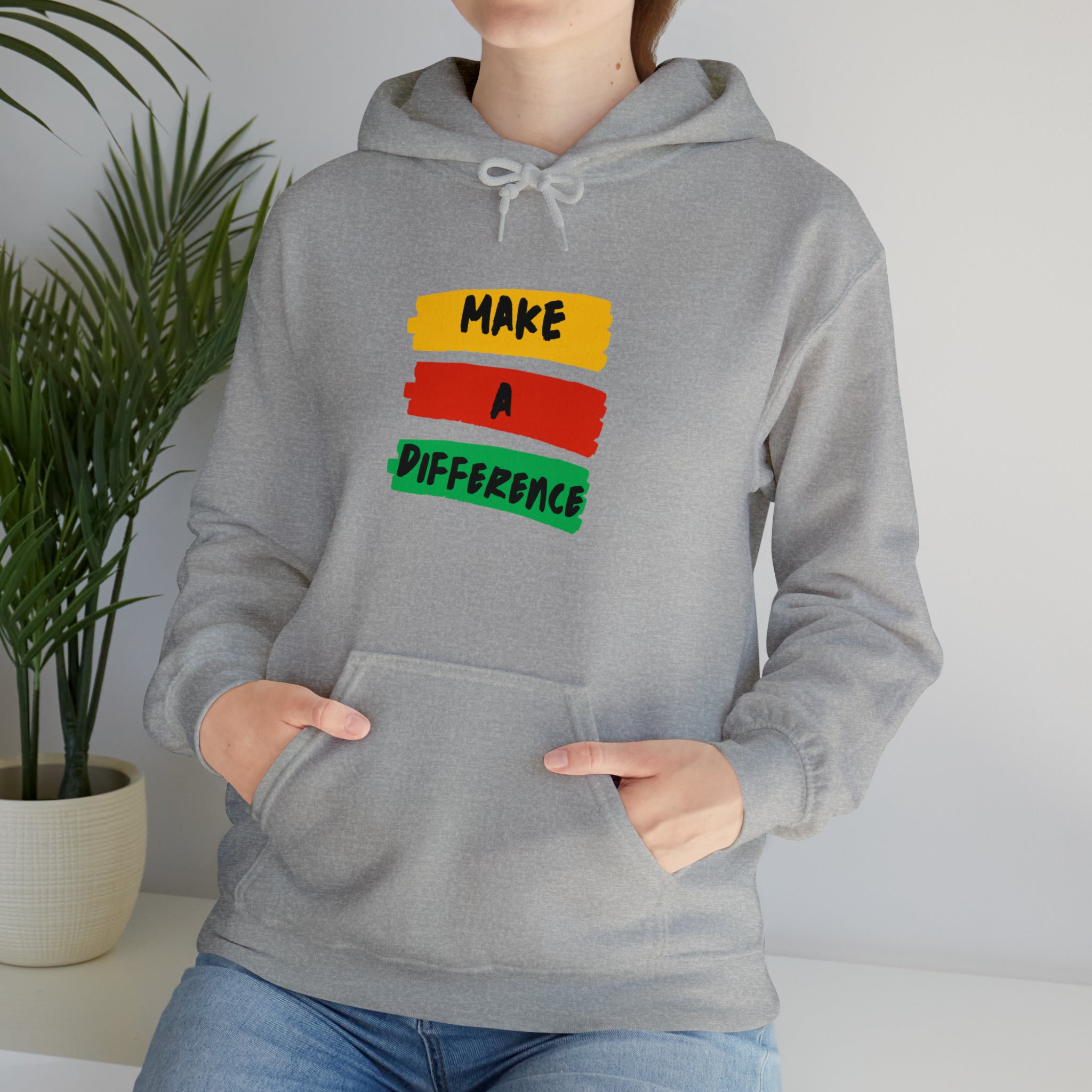 Adult female wearing sports grey  hoodie " Make A Difference" inspired images.