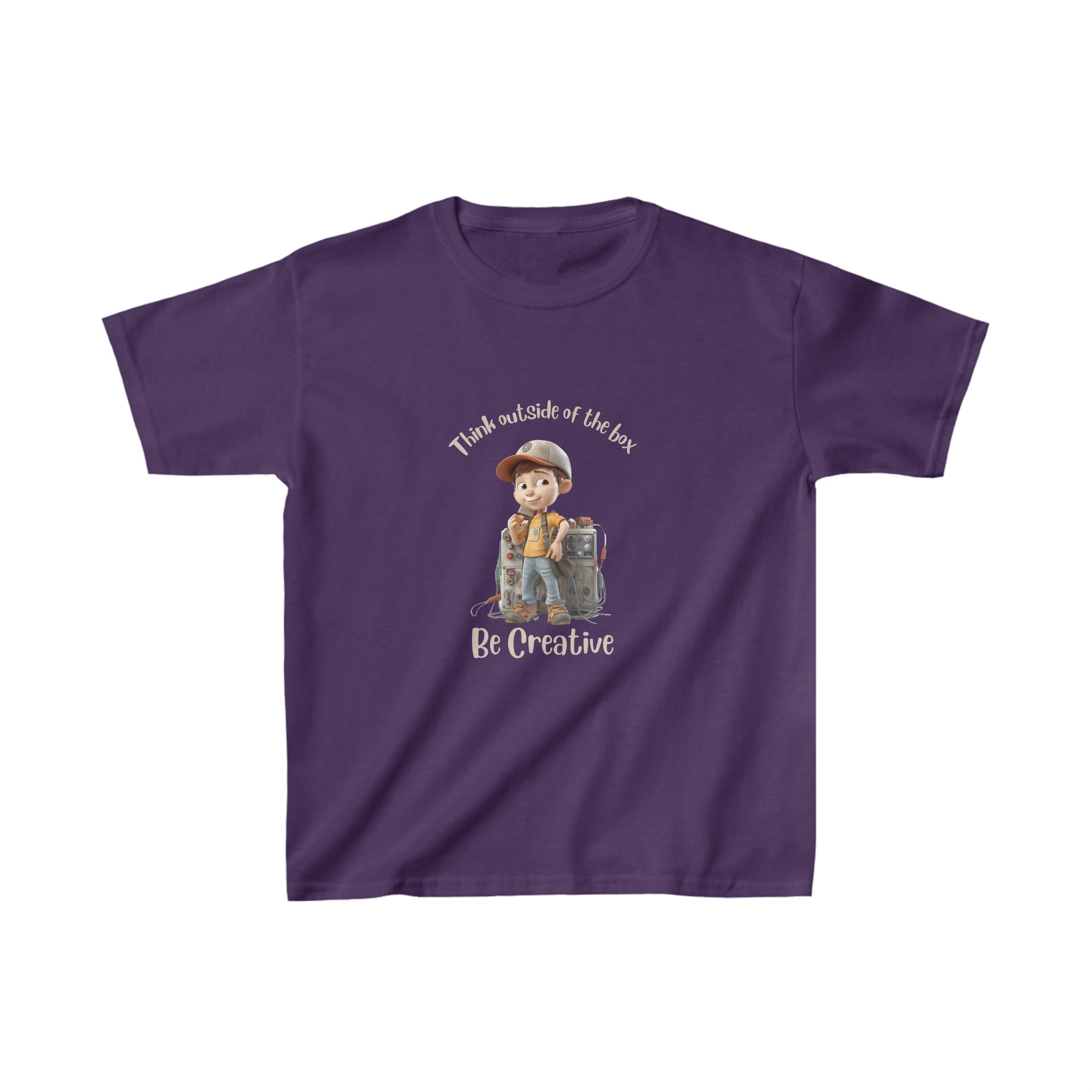 Youth unisex purple T-Shirt with " Think outside of the box Be Creative" inspired graphic.