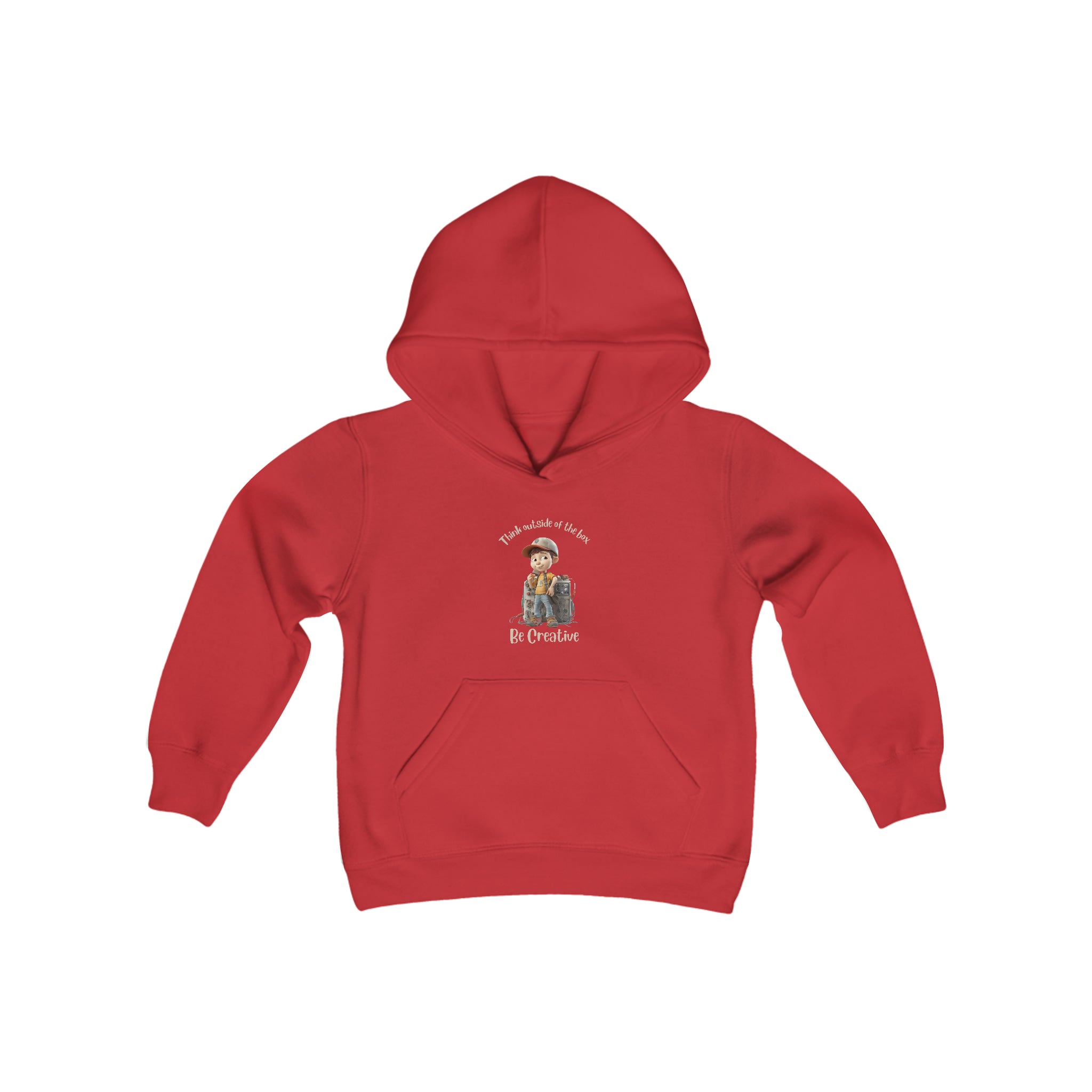 Youth unisex red hoodie with " Think outside of the box Be Creative" inspired graphic.