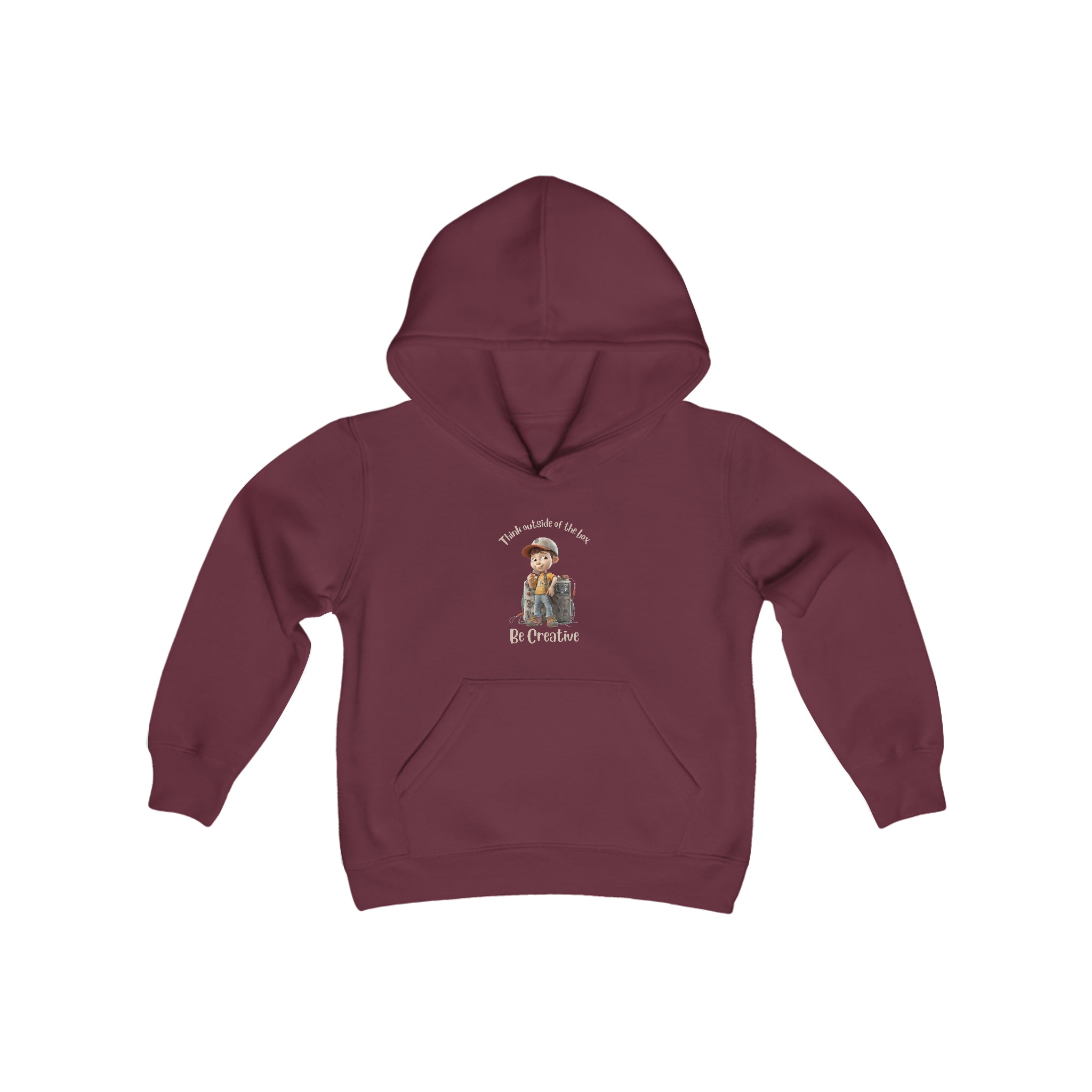 Youth unisex maroon hoodie with " Think outside of the box Be Creative" inspired graphic.