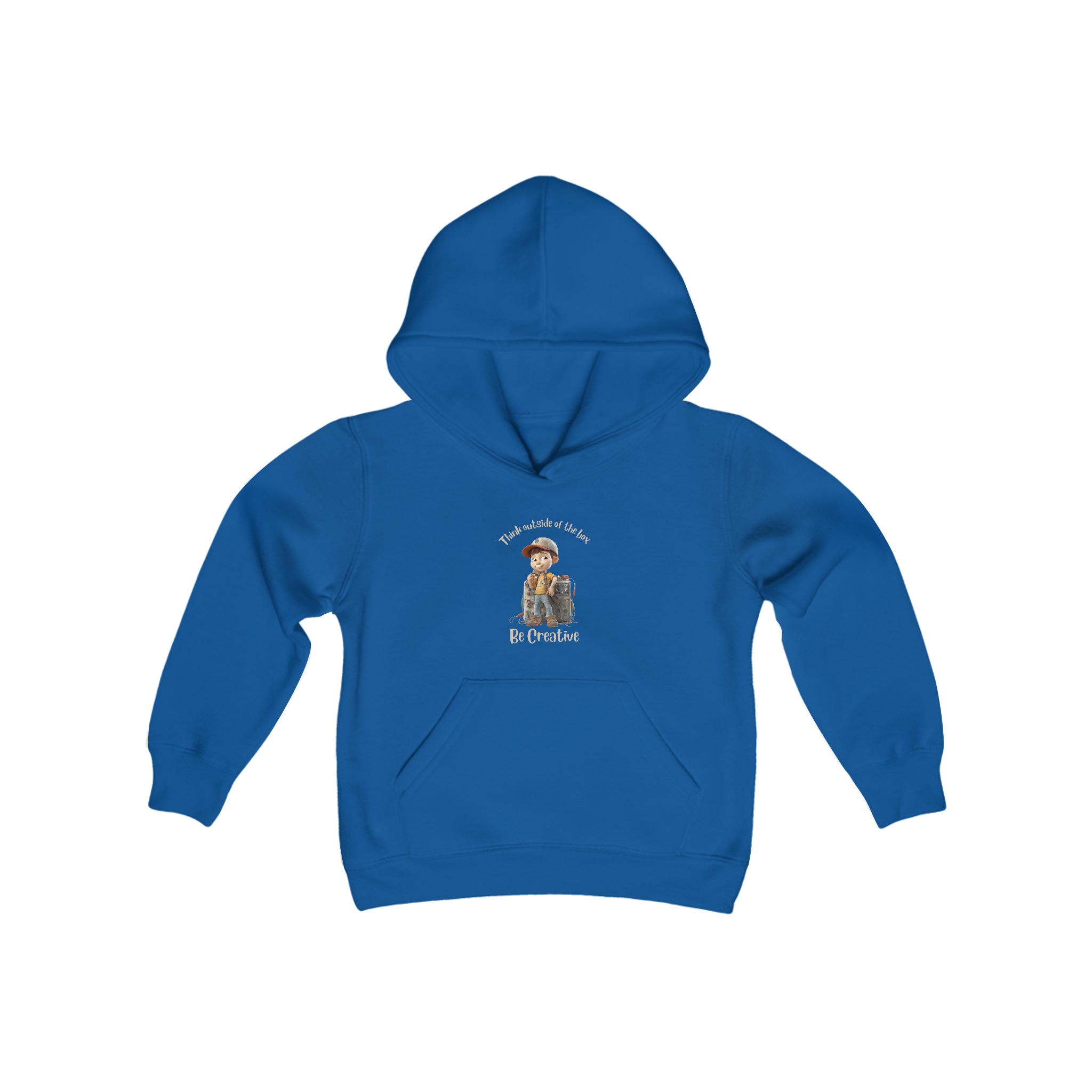 Youth unisex royal hoodie with " Think outside of the box Be Creative" inspired graphic.