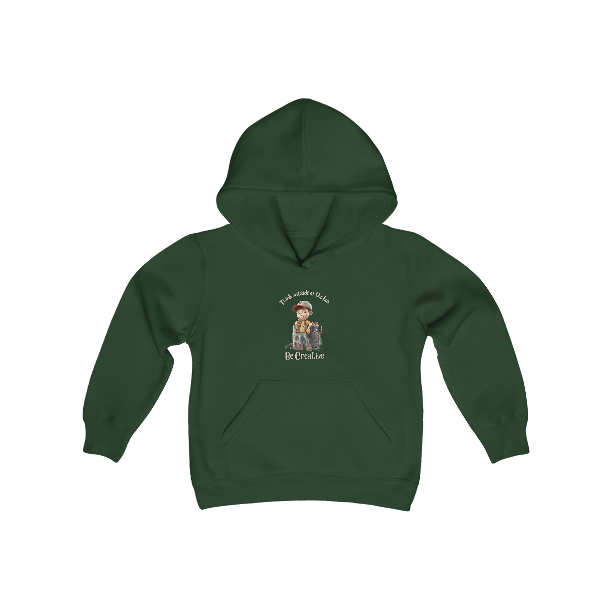 Youth unisex forest green hoodie with " Think outside of the box Be Creative" inspired graphic.