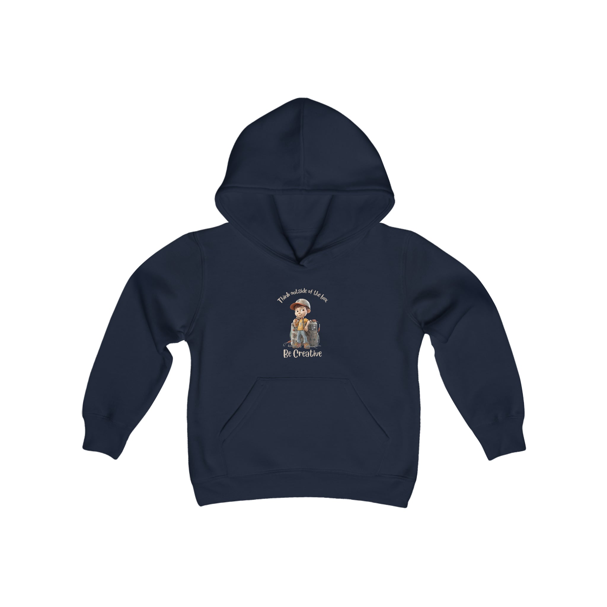 Youth unisex navy hoodie with " Think outside of the box Be Creative" inspired graphic.