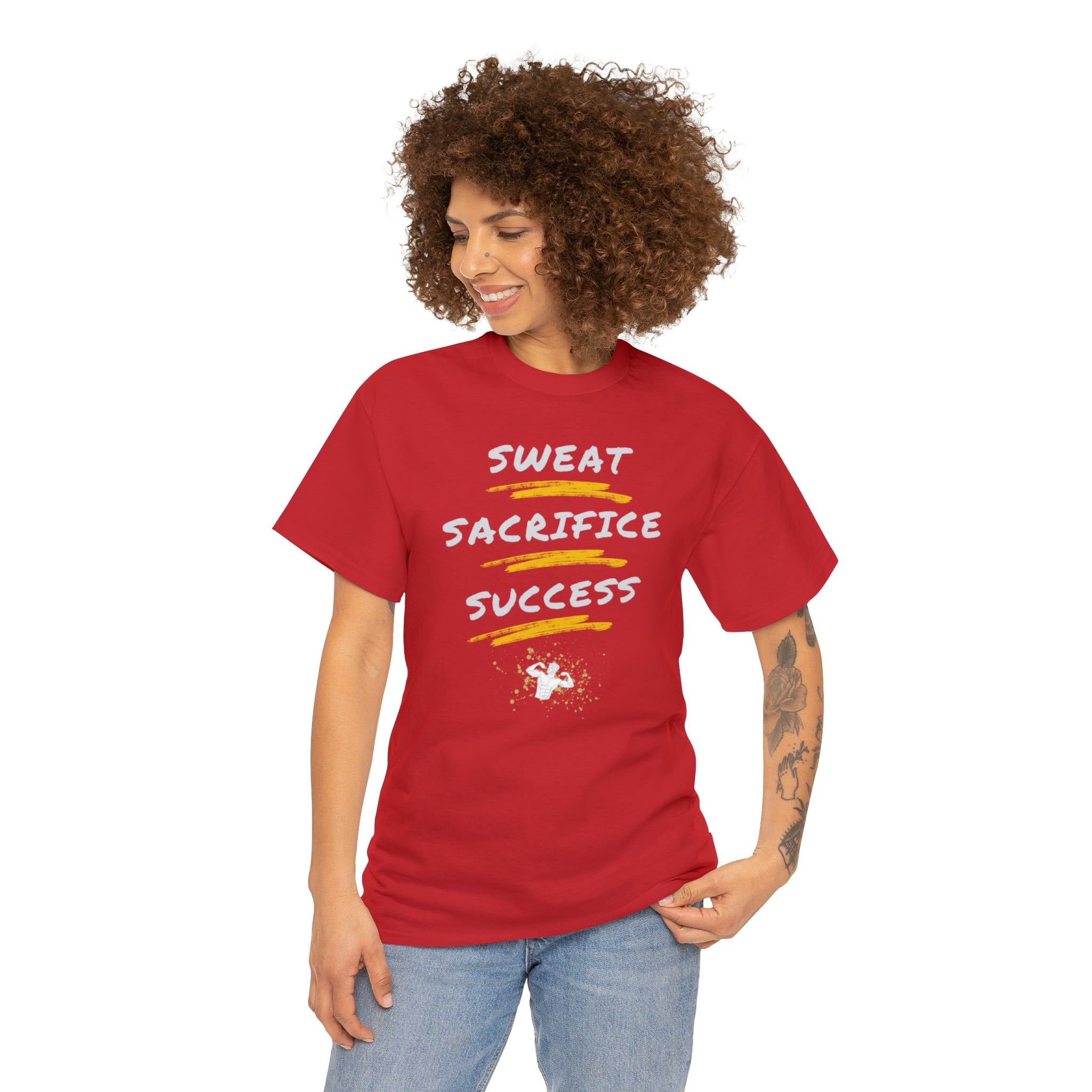 Adult Model wearing Red T-Shirt with Sweat Sacrifice Success Image on front.