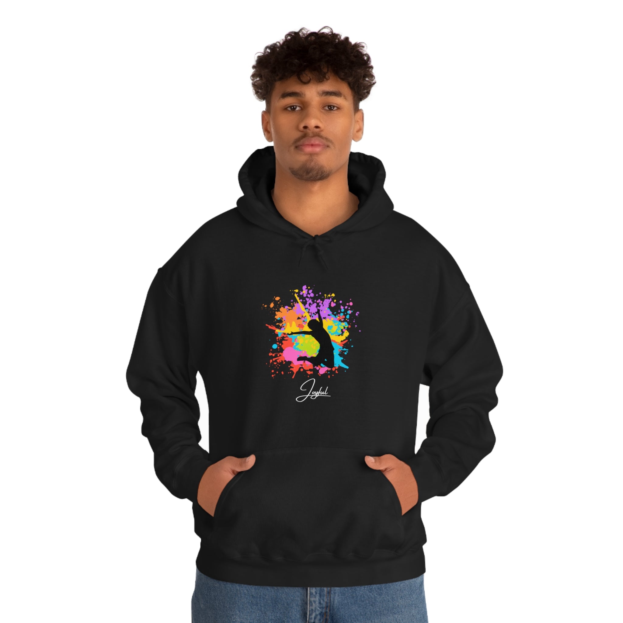 Adult Male wearing black hoodie with "Joyful" Graphic front view