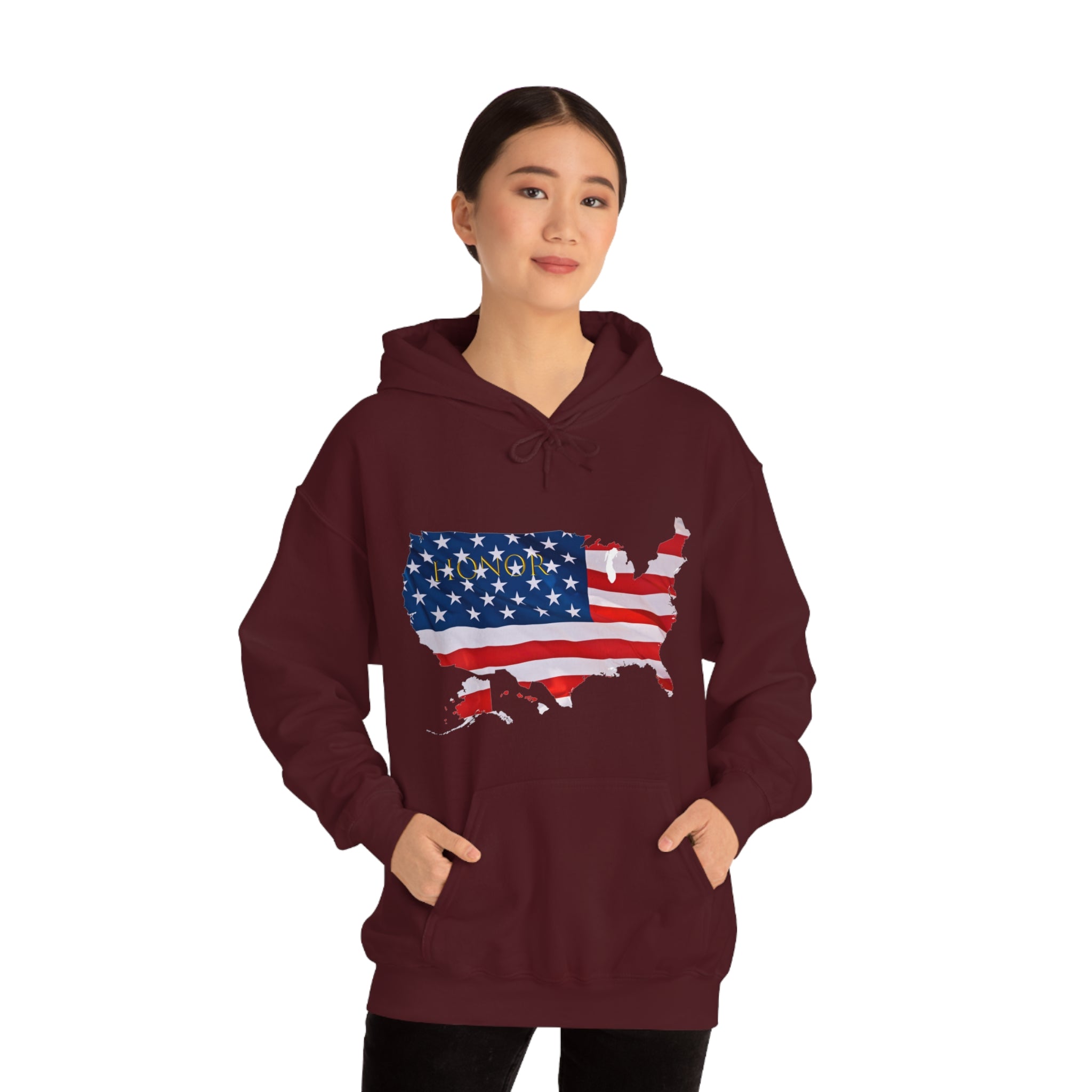 Adult female wearing maroon hoodie with "Honor USA" inspired American as a Flag graphic on front.
