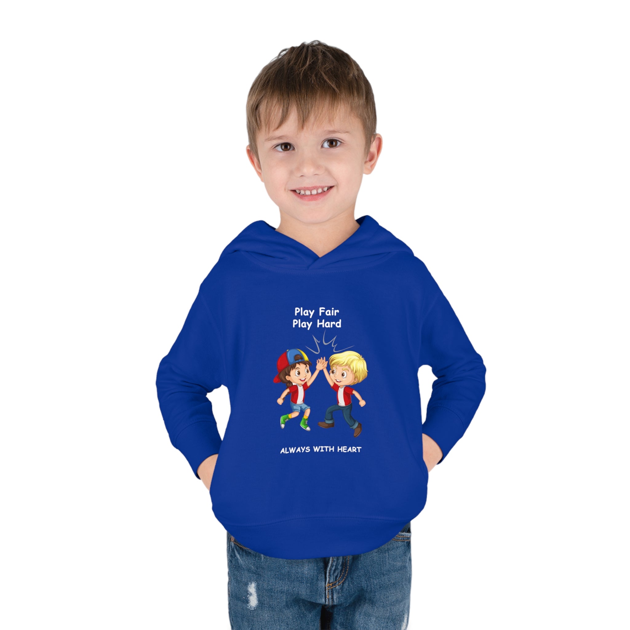 Boy Toddler wearing unisex royal  hoodie with " Play Fair Play Hard Always with Heart" inspired graphic