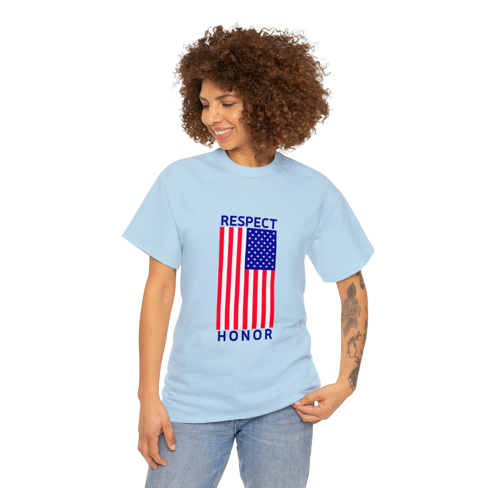 Adult female wearing light blue T-Shirt with "Respect Honor" Inspired Classic American Flag on front.