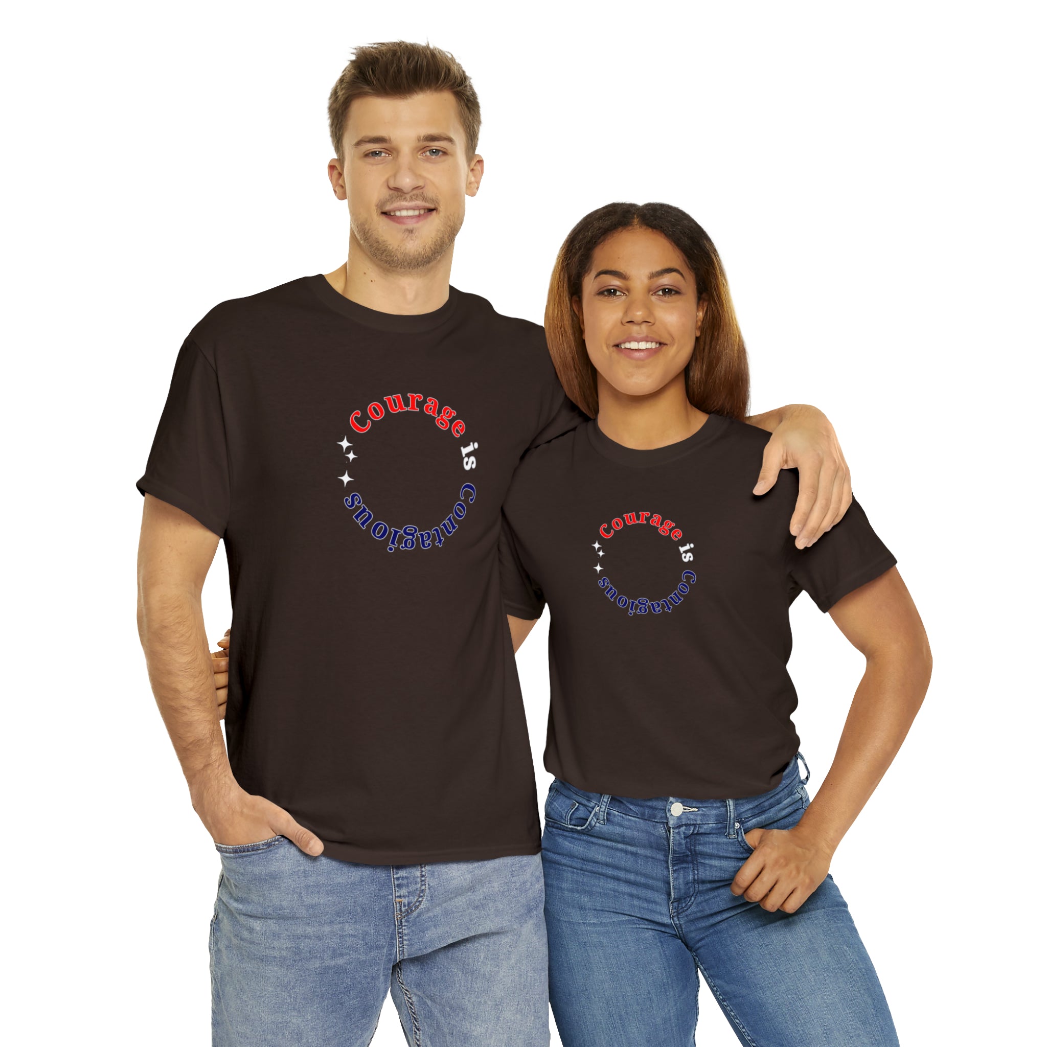 Adult Man and Women wearing dark chocolate T-Shirt " Courage is Contagious" inspired message on front.