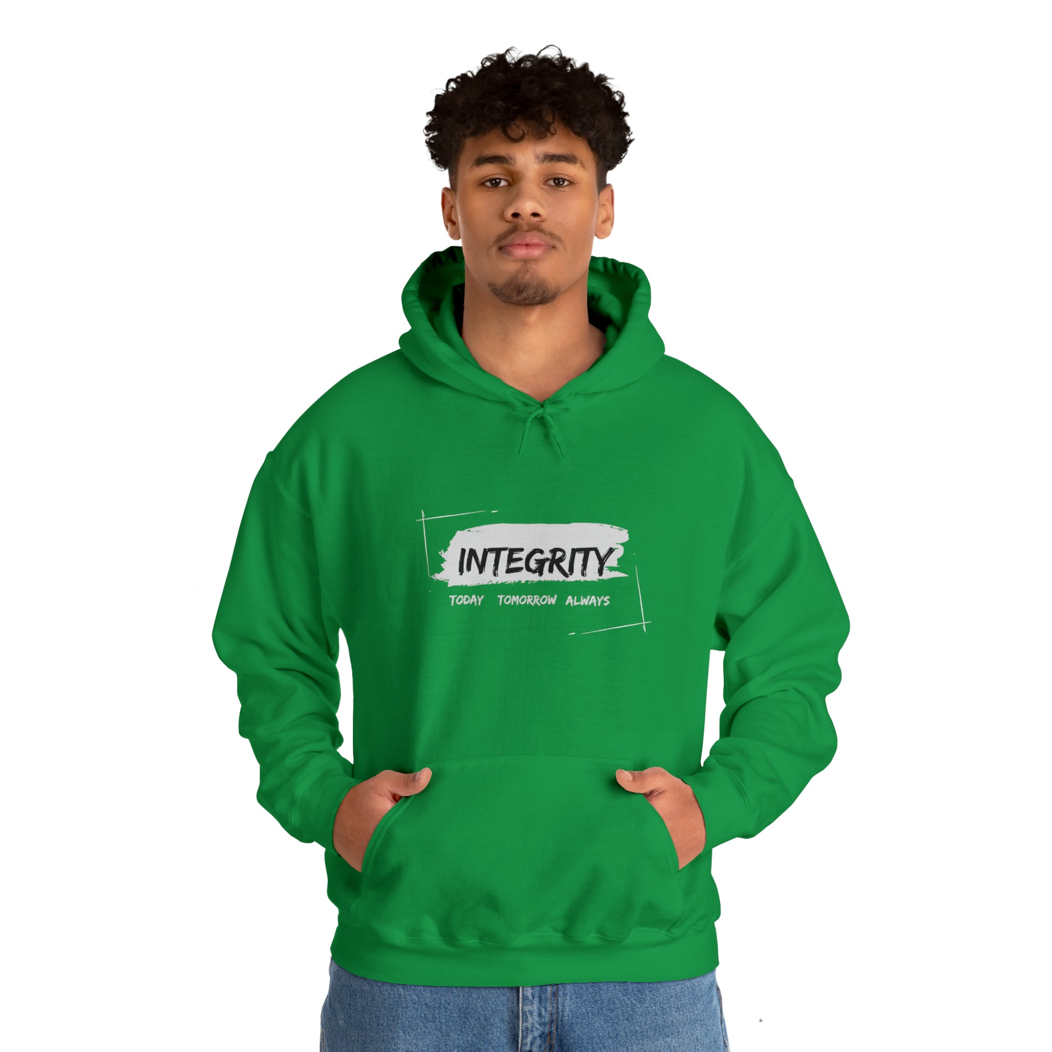 Adult male wearing Unisex irish green hoodie " Integrity Today Tomorrow Always" inspired image.