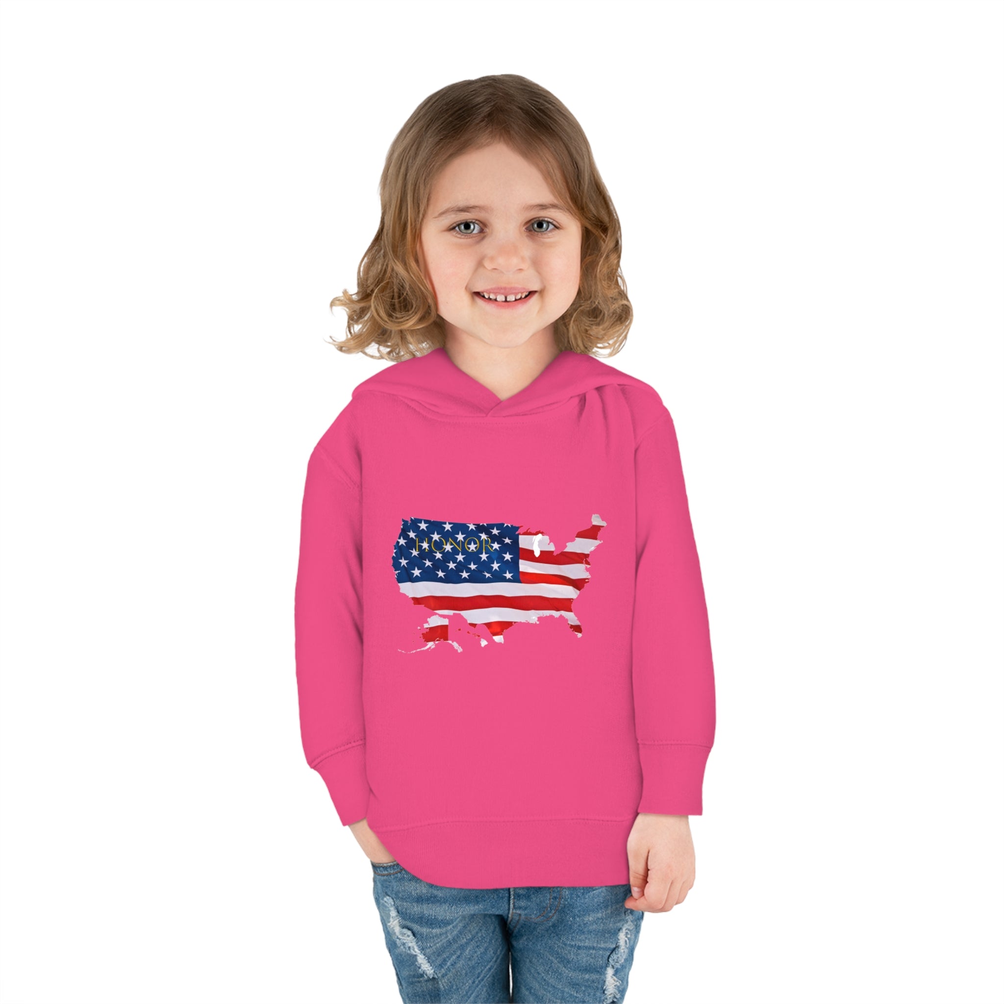 Toddler Girl wearing helicion Hoodie with "Honor USA" inspired American as a Flag graphic on front.
