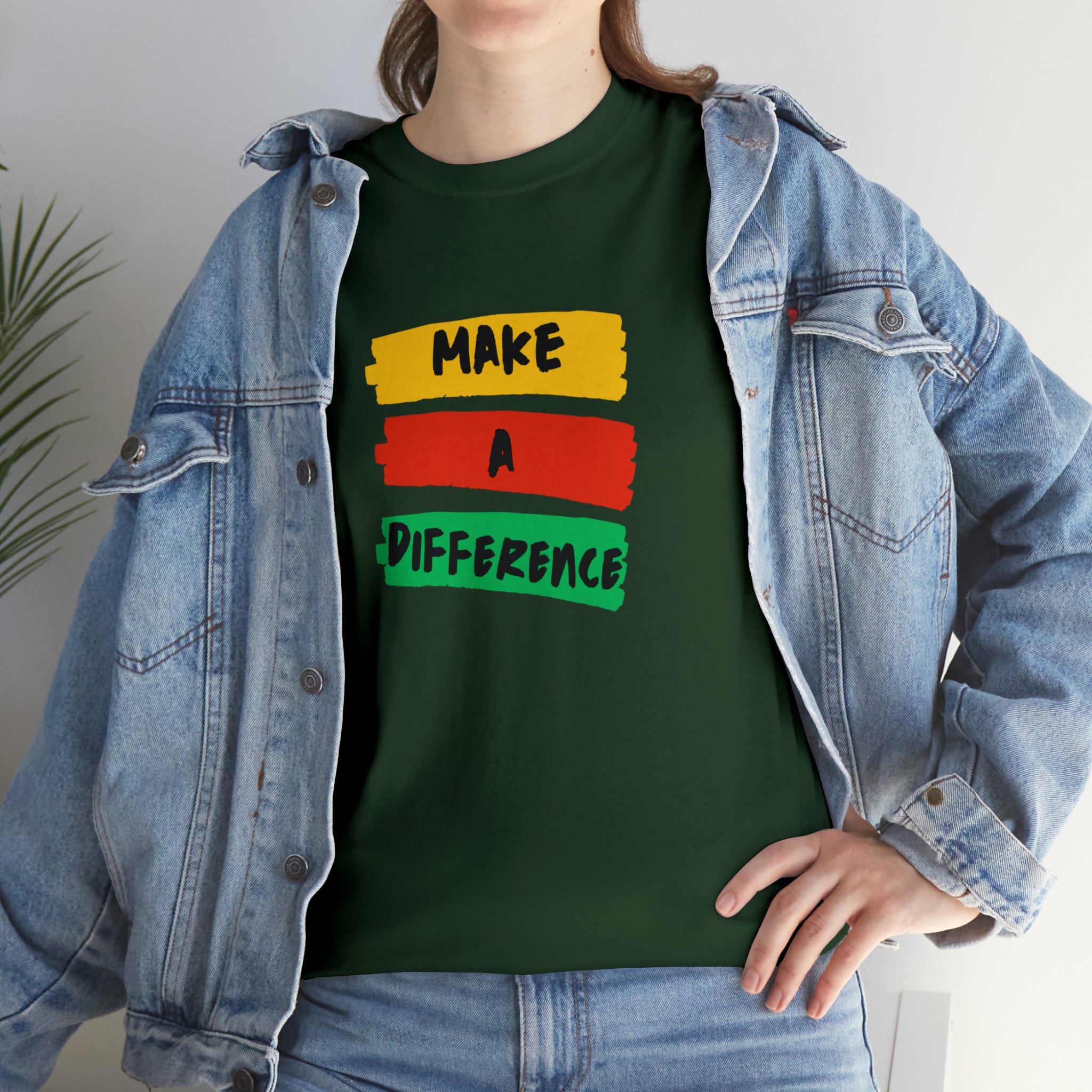 Adult female unisex forest green T-Shirt with " Make A Difference" inspired images.