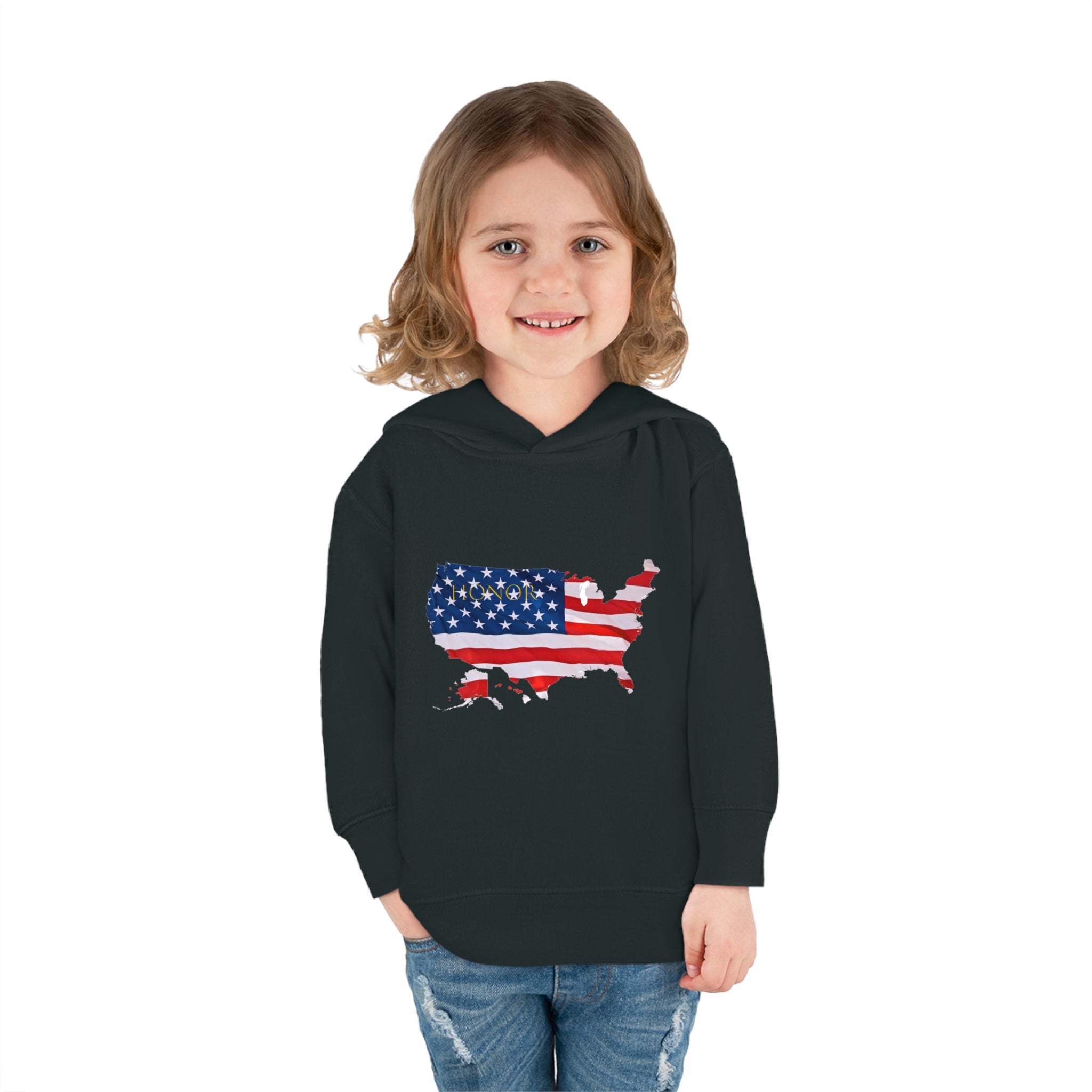 Toddler Girl wearing vintage smoke  Hoodie with "Honor USA" inspired American as a Flag graphic on front.