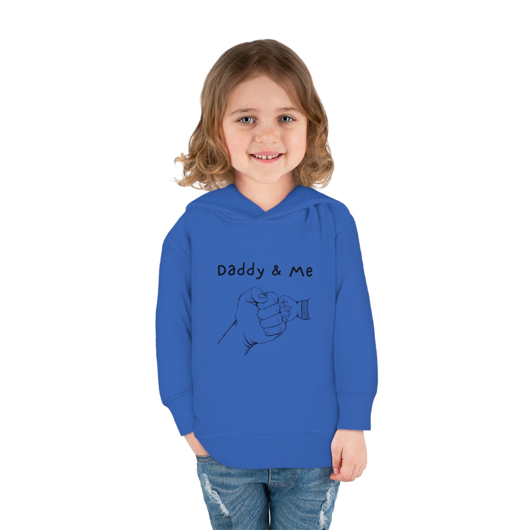 Toddler girl  royal hoodie " Daddy & Me" with fist bumps hands on front.