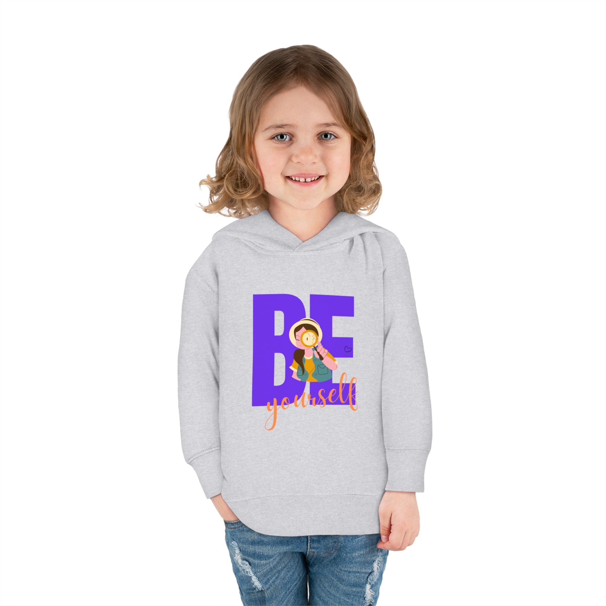 Toddler girls wearing heather hoodie with "Be Yourself" motivational image on front.