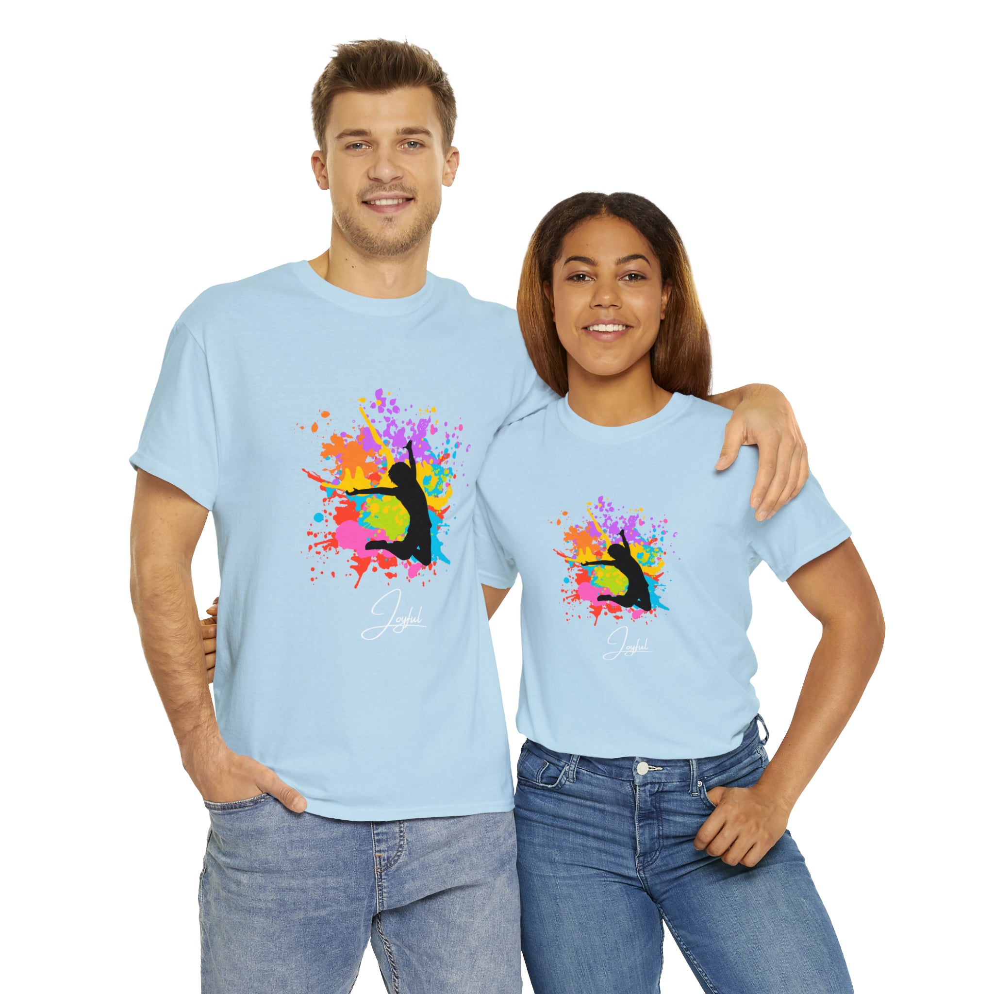 Adult Male and Female wearing light blue T-Shirts with" Joyful" inspired graphic on front.