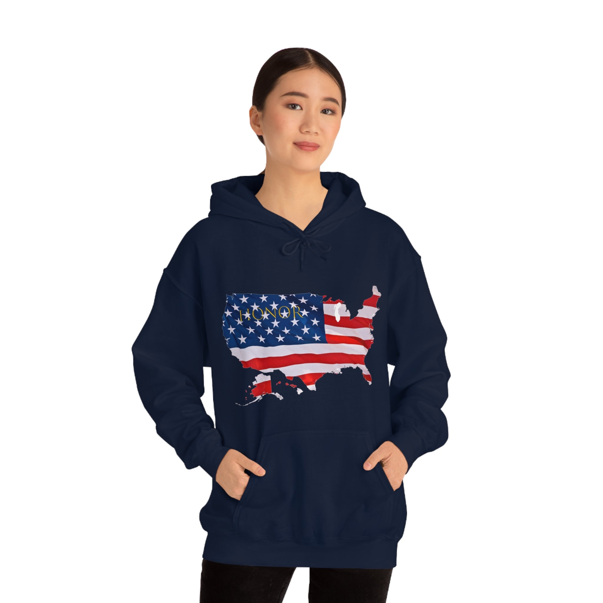 Adult female wearing navy hoodie with "Honor USA" inspired American as a Flag graphic on front.