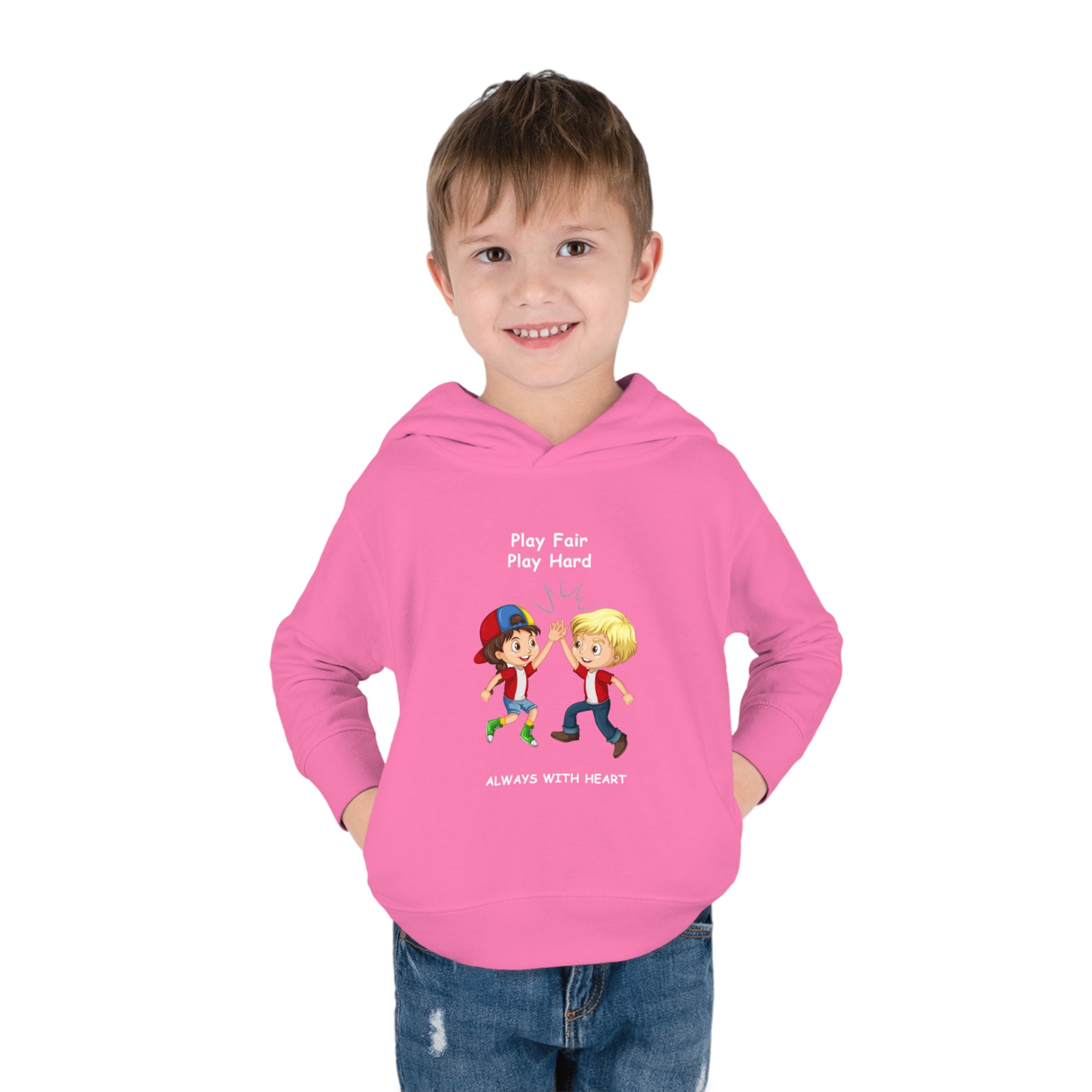Boy Toddler wearing unisex pink hoodie with " Play Fair Play Hard Always with Heart" inspired graphic