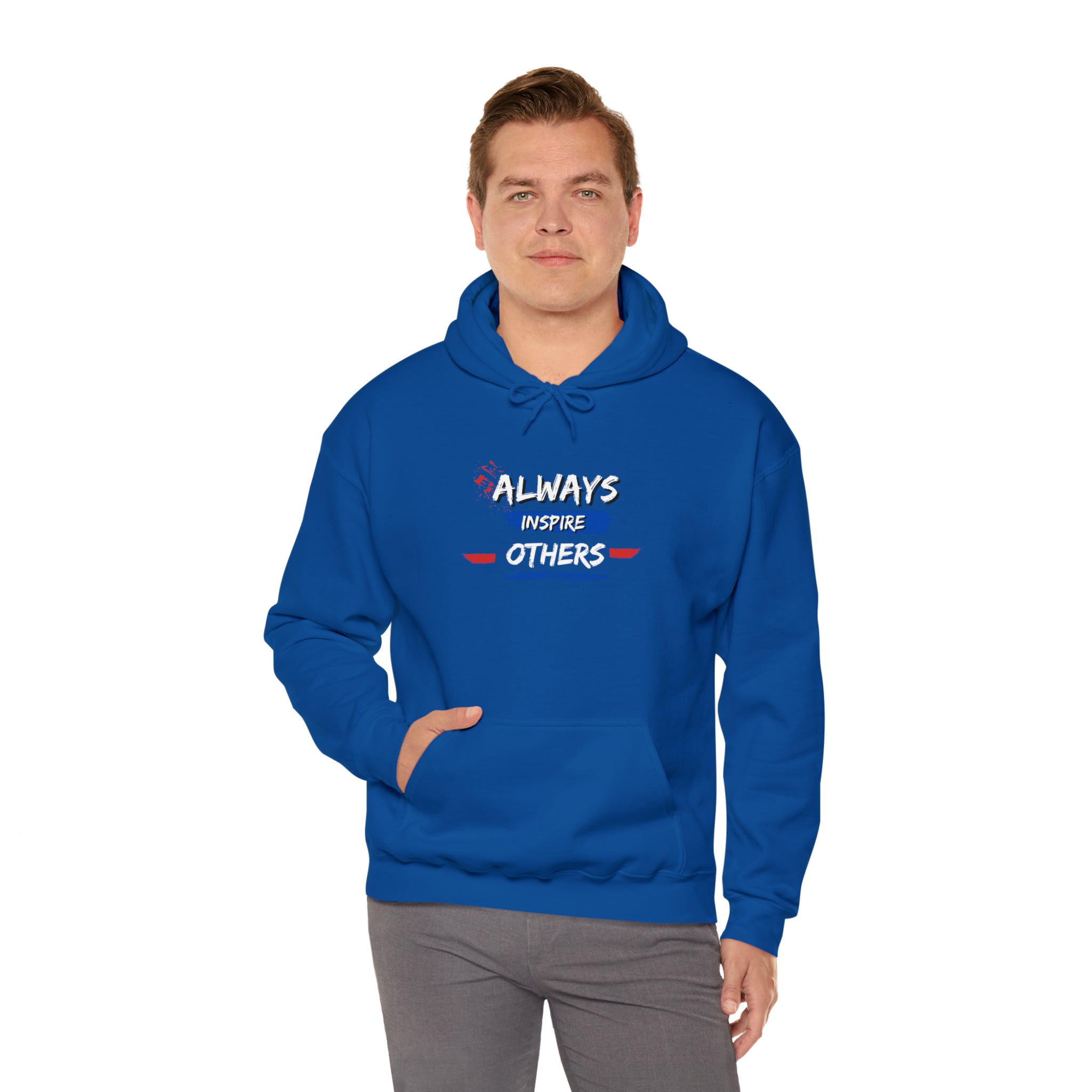 Adult male wearing royal hoodie with "Always Inspire Others" image on front.