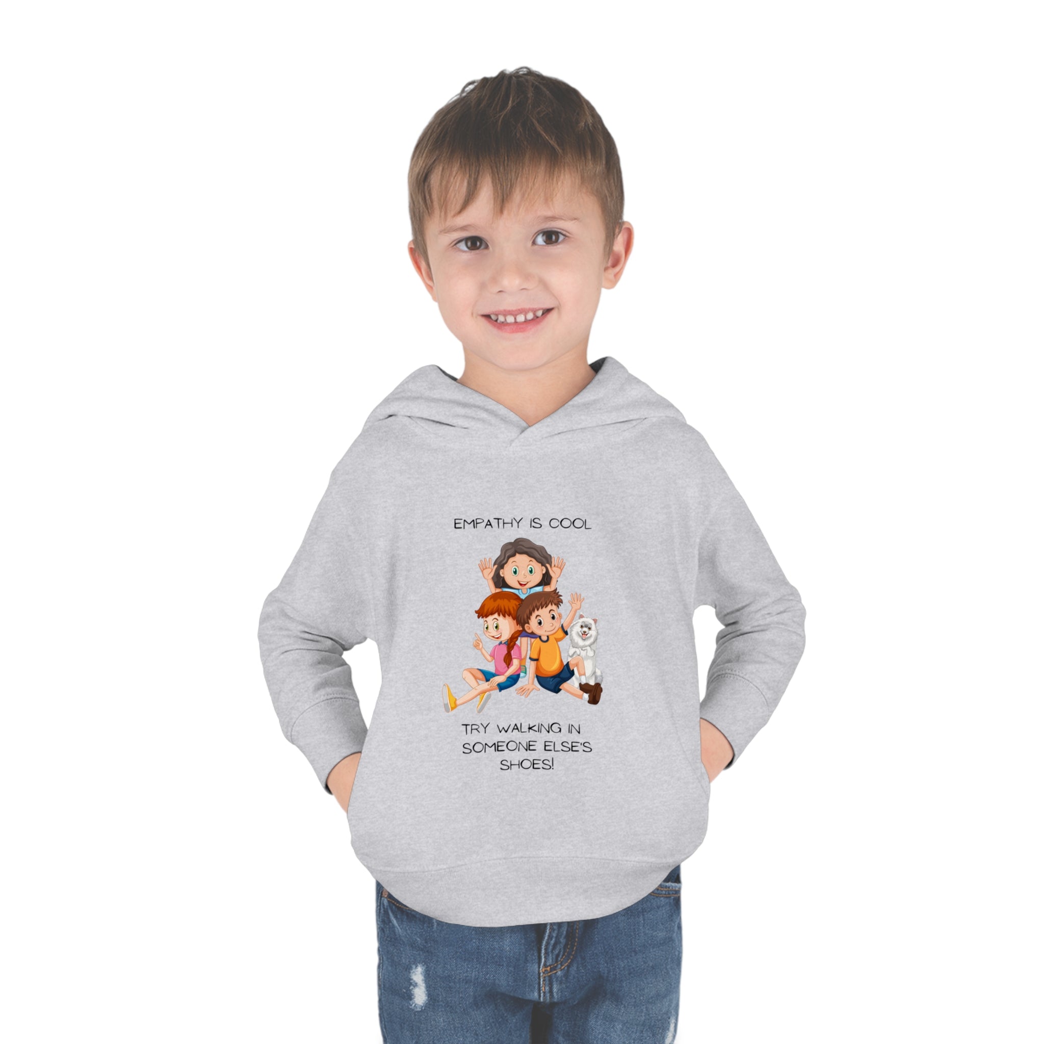 Toddler boy wearing sports grey hoodie " Empathy Is Cool Try Walking In Someone Else's Shoes" Inspired message on front.