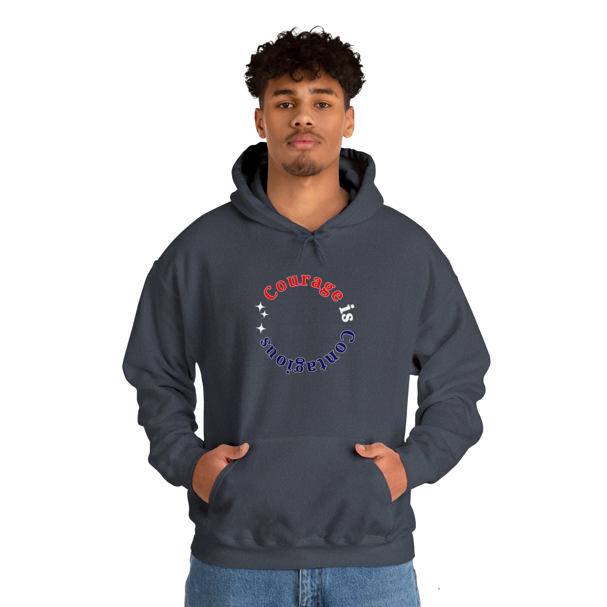 Adult man wearing heather navy hoodie " Courage is Contagious" inspired message on front.