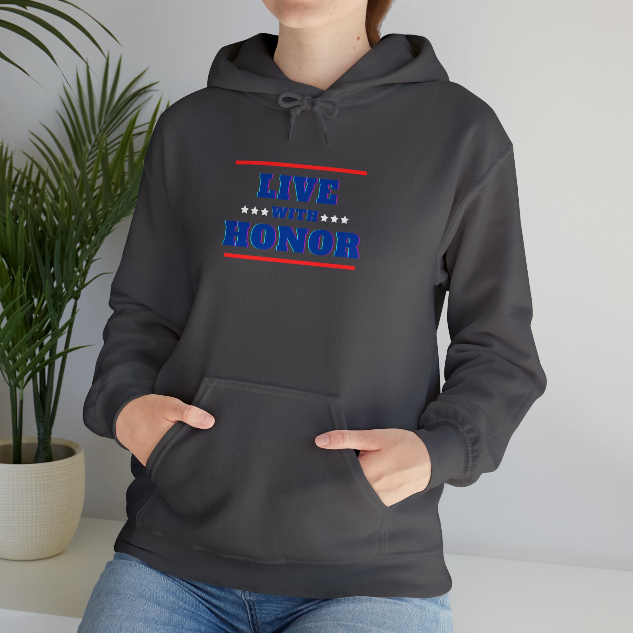 Adult female wearing charcoal  hoodie " Live With Honor" inspired images