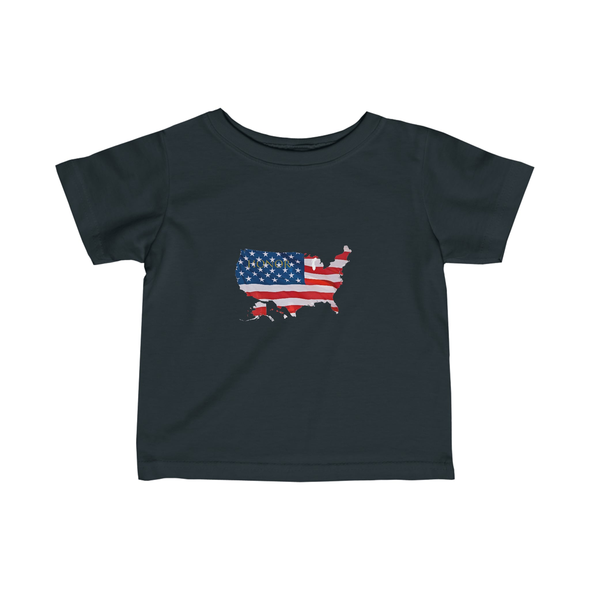 Infant unisex light black T-Shirt with "Honor USA" inspired American as a Flag graphic on front.