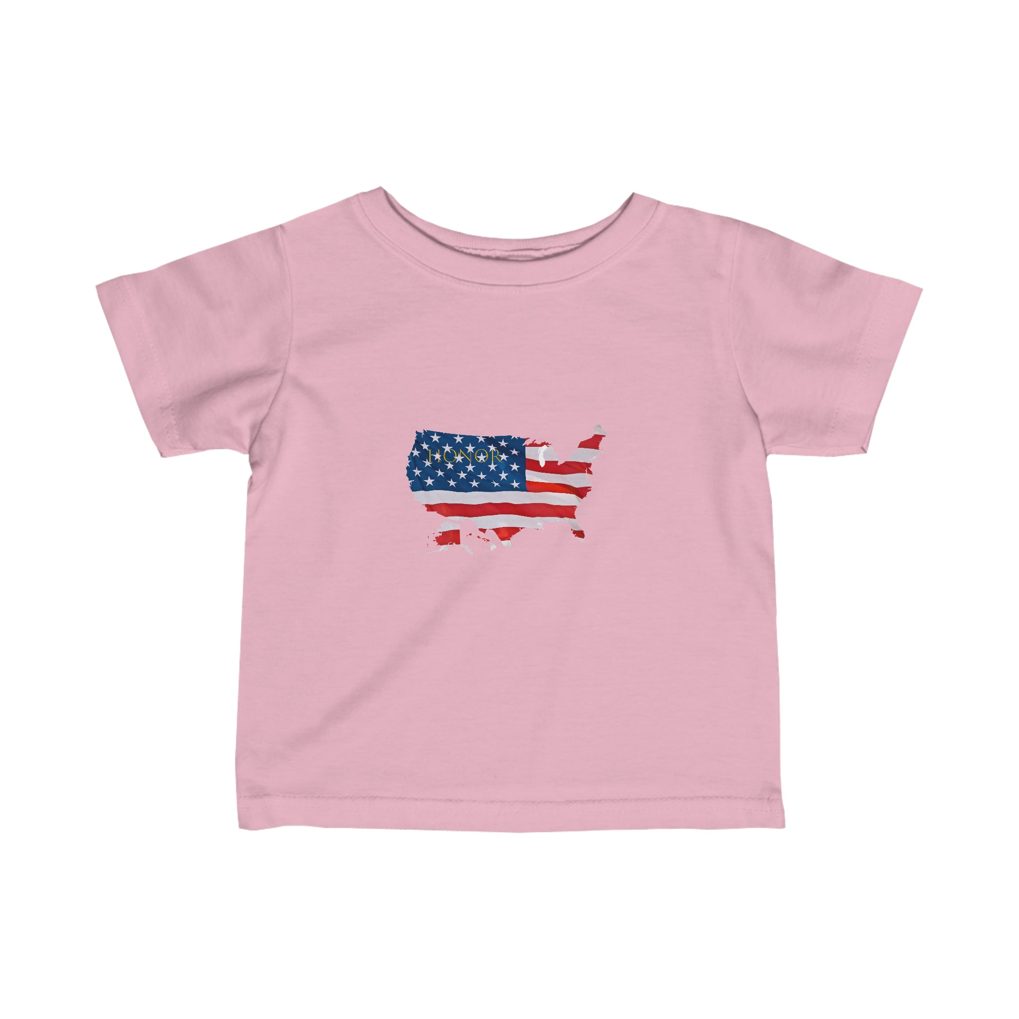 Infant unisex pink T-Shirt with "Honor USA" inspired American as a Flag graphic on front.