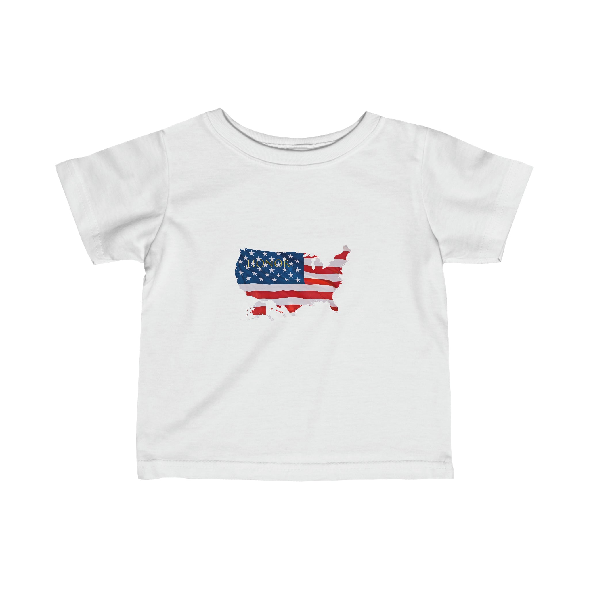 Infant unisex white T-Shirt with "Honor USA" inspired American as a Flag graphic on front.