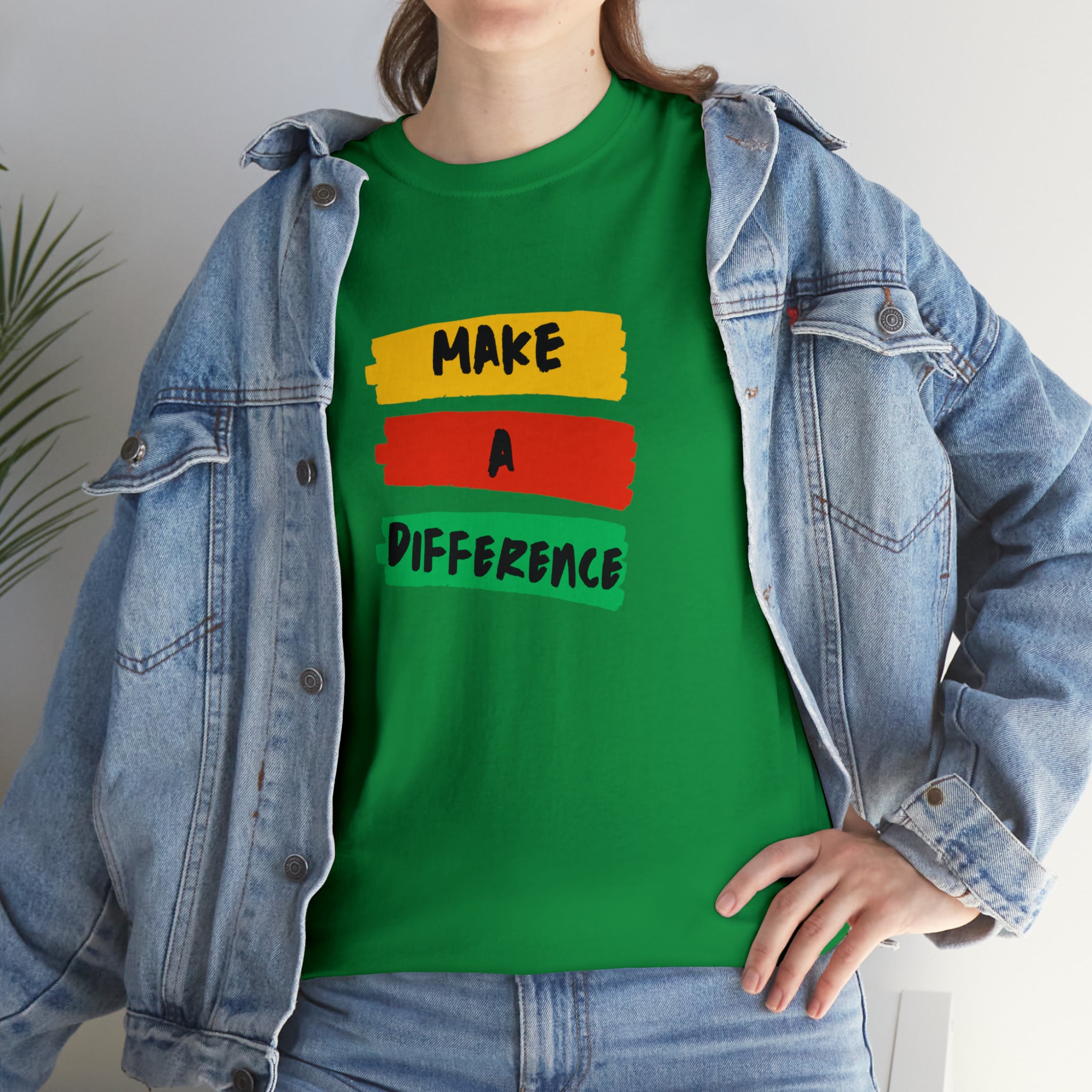 Adult female unisex irish green T-Shirt with " Make A Difference" inspired images.
