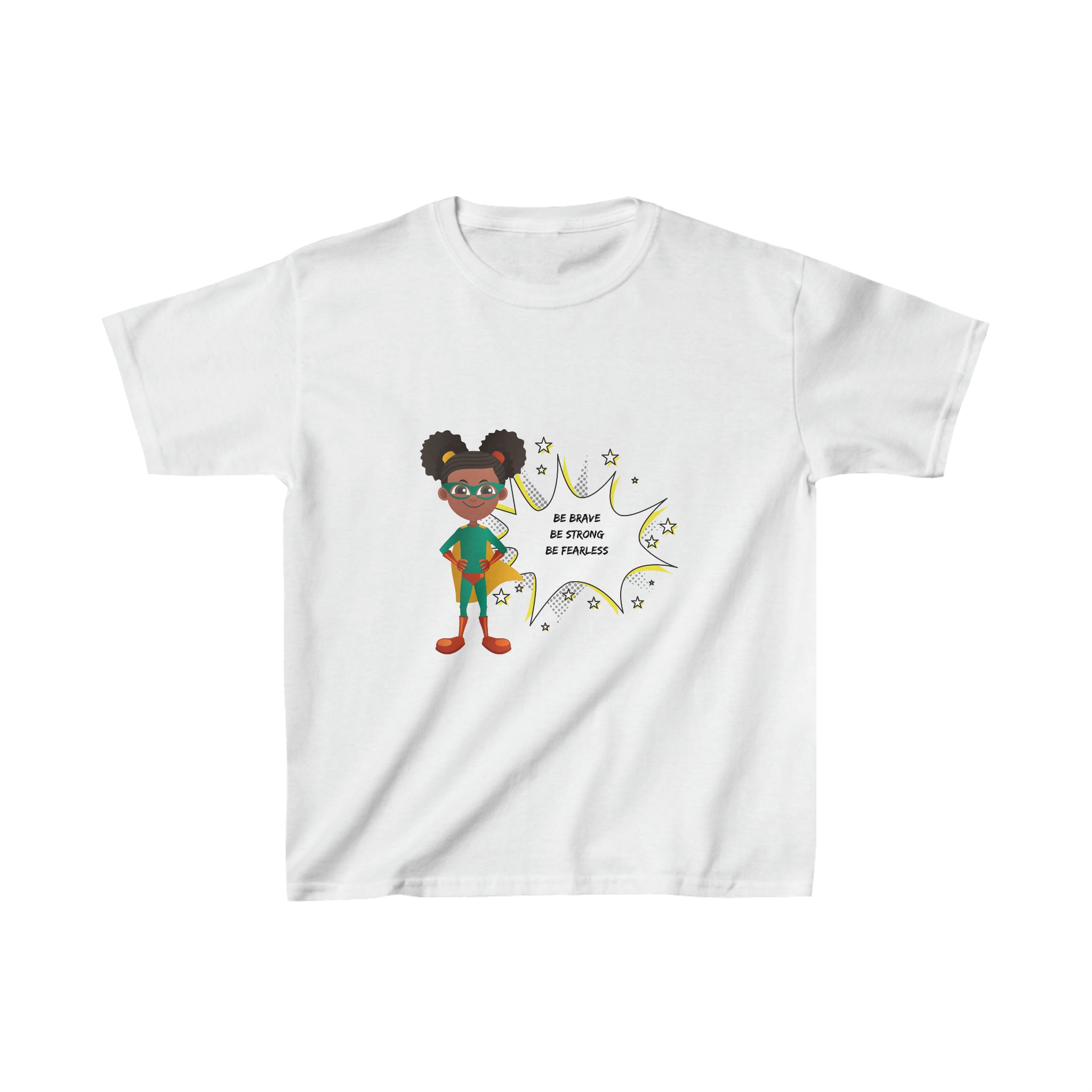 Youth Girl white T-Shirt with " Be Bold Be Strong Be Fearless " superhero inspired image on front.