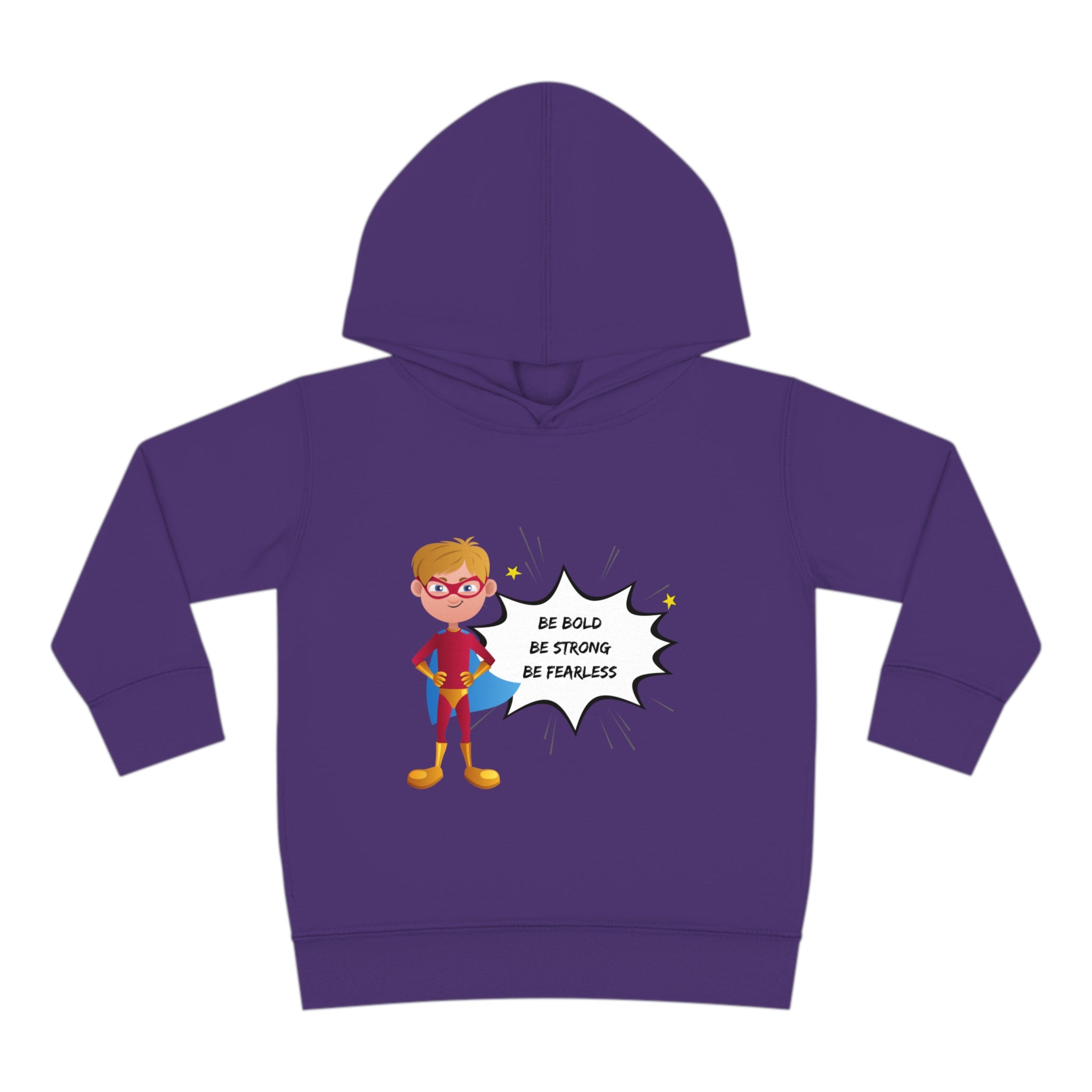 Toddler size purple hoodie with Boy dressed as superhero image with Be Bold Be Strong Be Fearless image on front