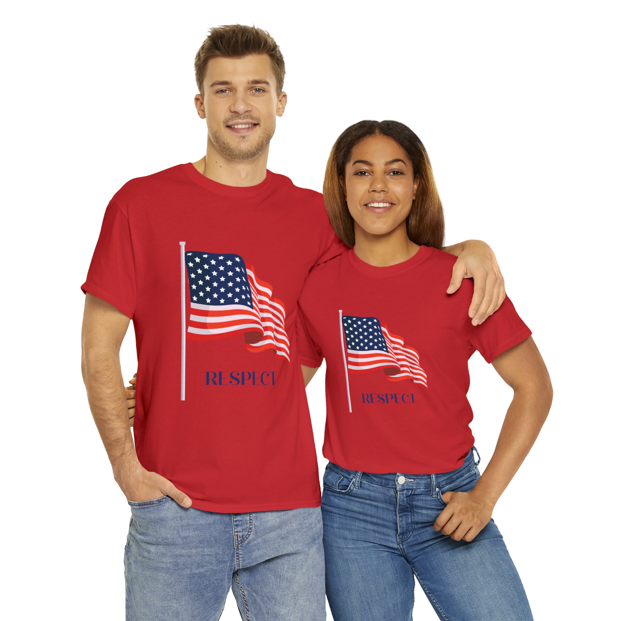 Adult Man & Women wearing red T-Shirt " Respect" American flag on front.