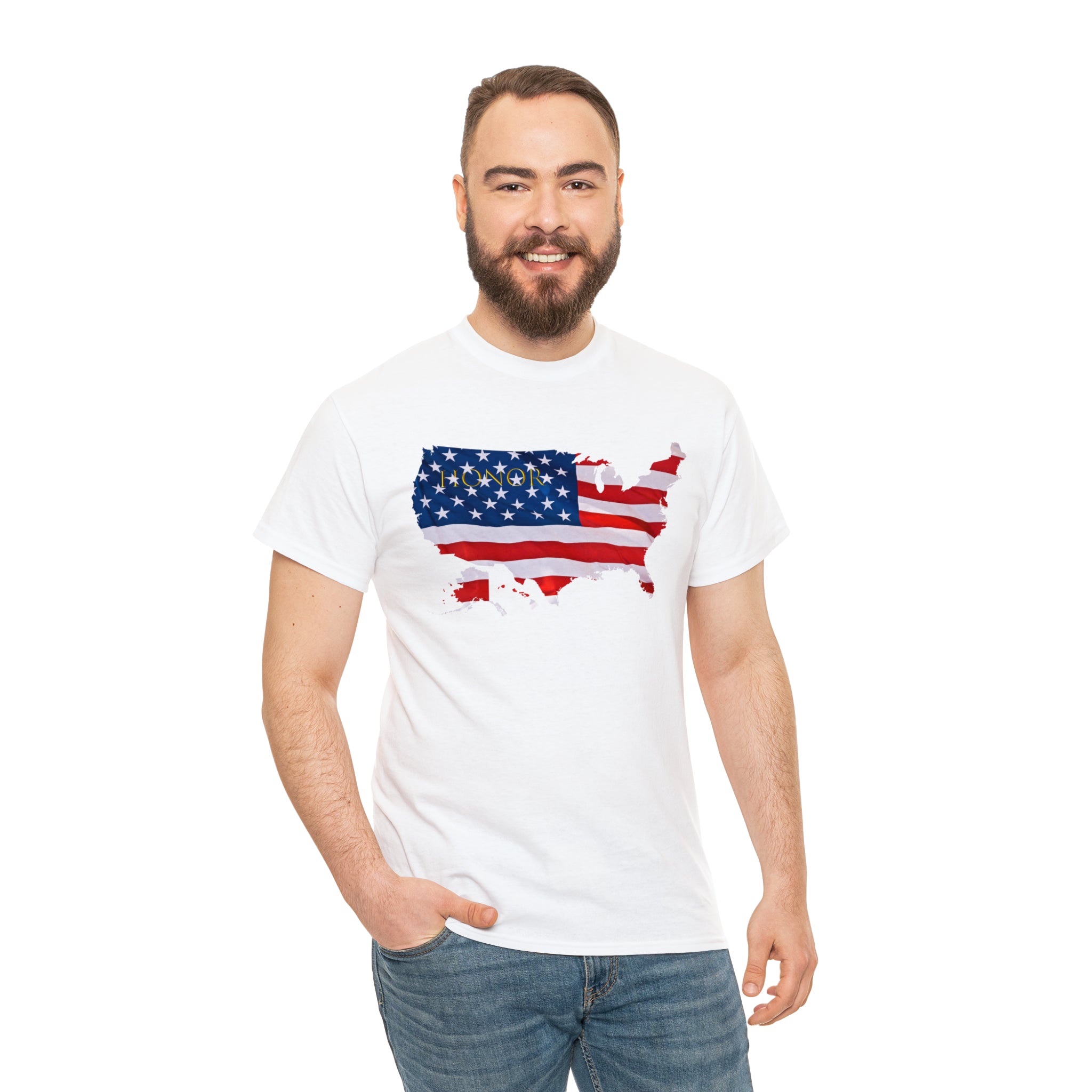Adult Male wearing white T-Shirt with "Honor USA" inspired American as a Flag graphic on front.