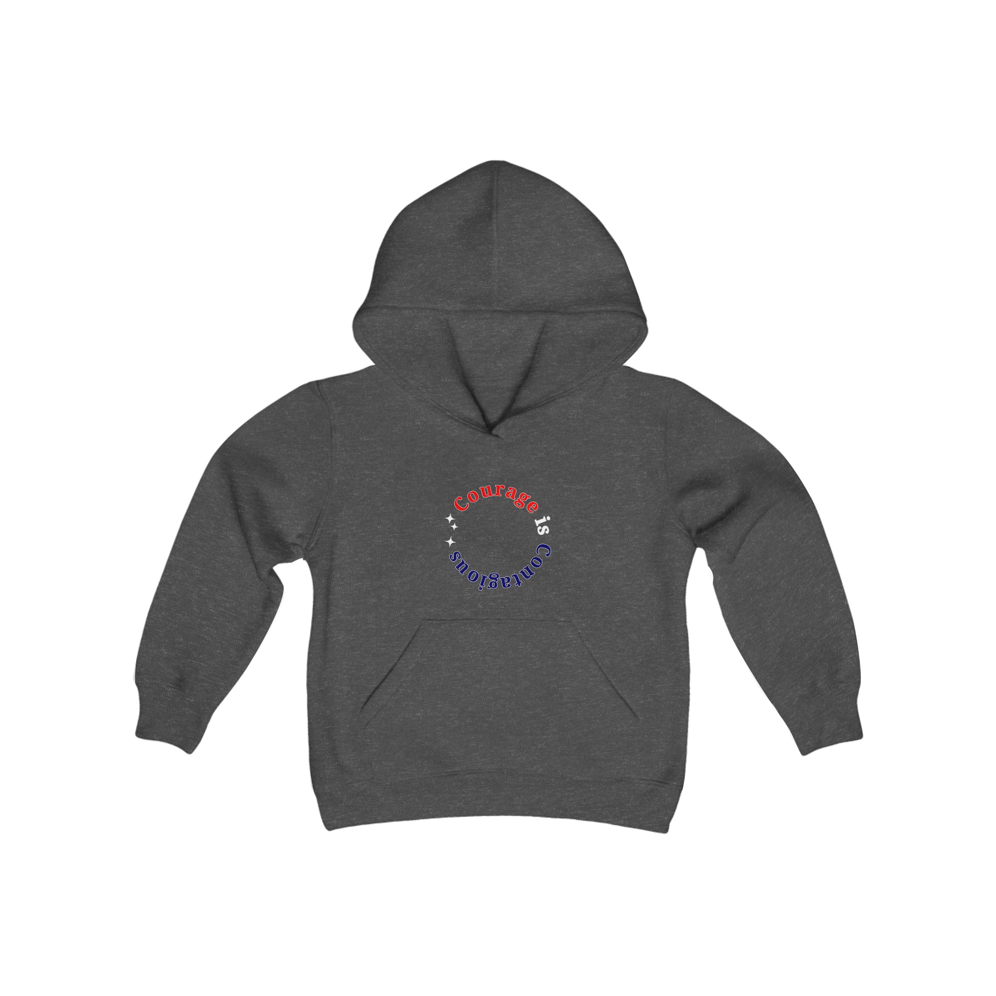 Youth unisex sports grey hoodie " Courage is Contagious" inspired message on front.