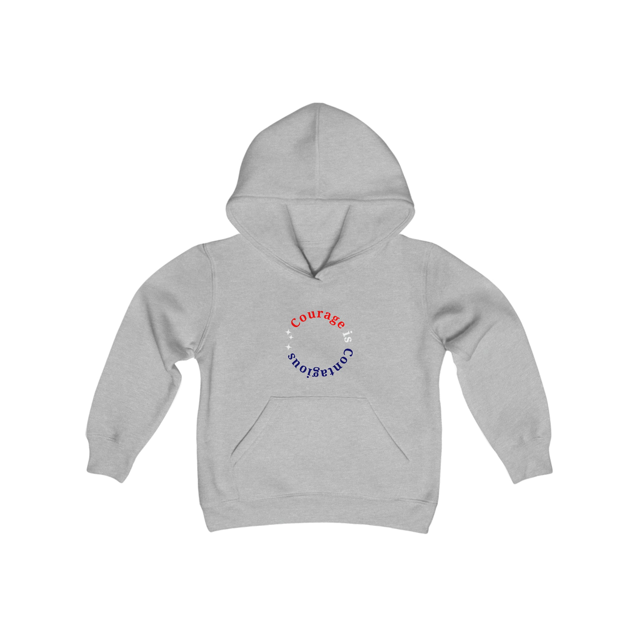 Youth unisex sports grey hoodie " Courage is Contagious" inspired message on front.